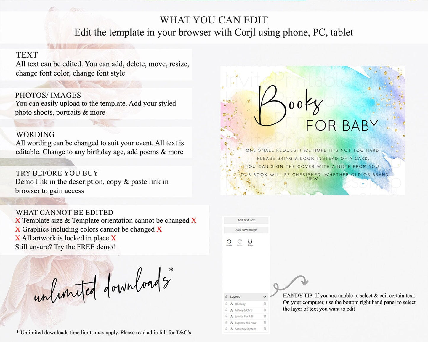 Pastel Books For Baby Card Pastel Rainbow Book Insert Colorful Ombre Watercolor Book Card Confetti Glitter Baby Book Poem Request D10279