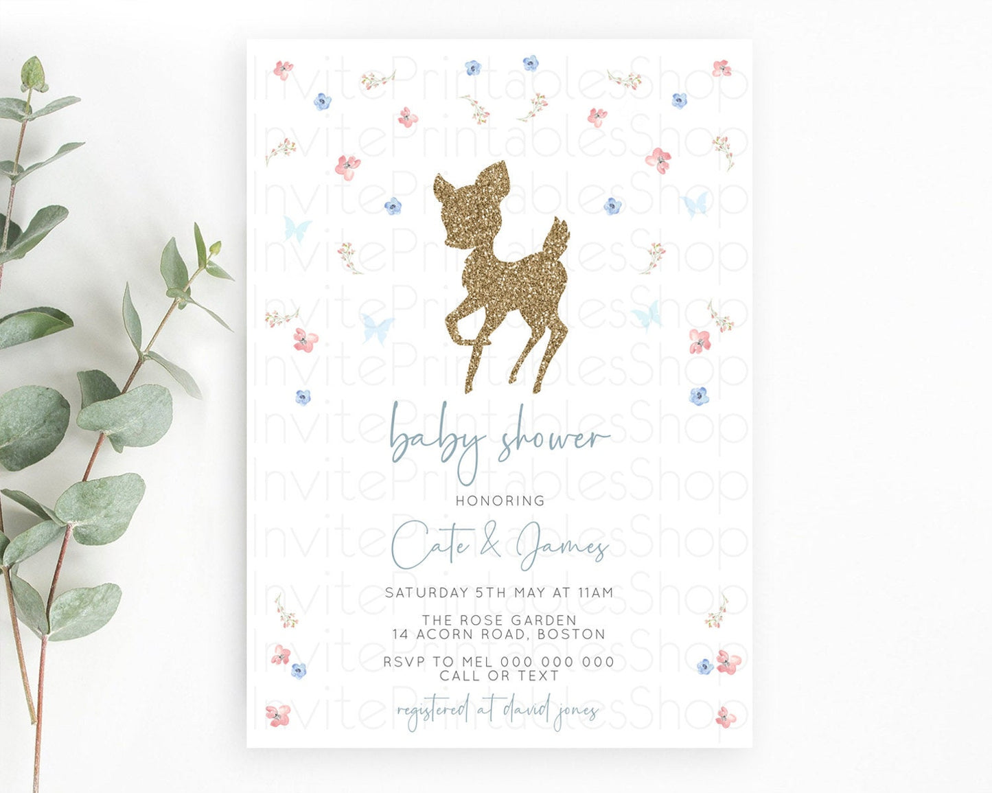 Fawn Baby Shower Invitation: Enchanted Forest Theme with Butterflies and Pastel Blue Pink Flowers - Whimsical Woodland Gender Reveal D10359