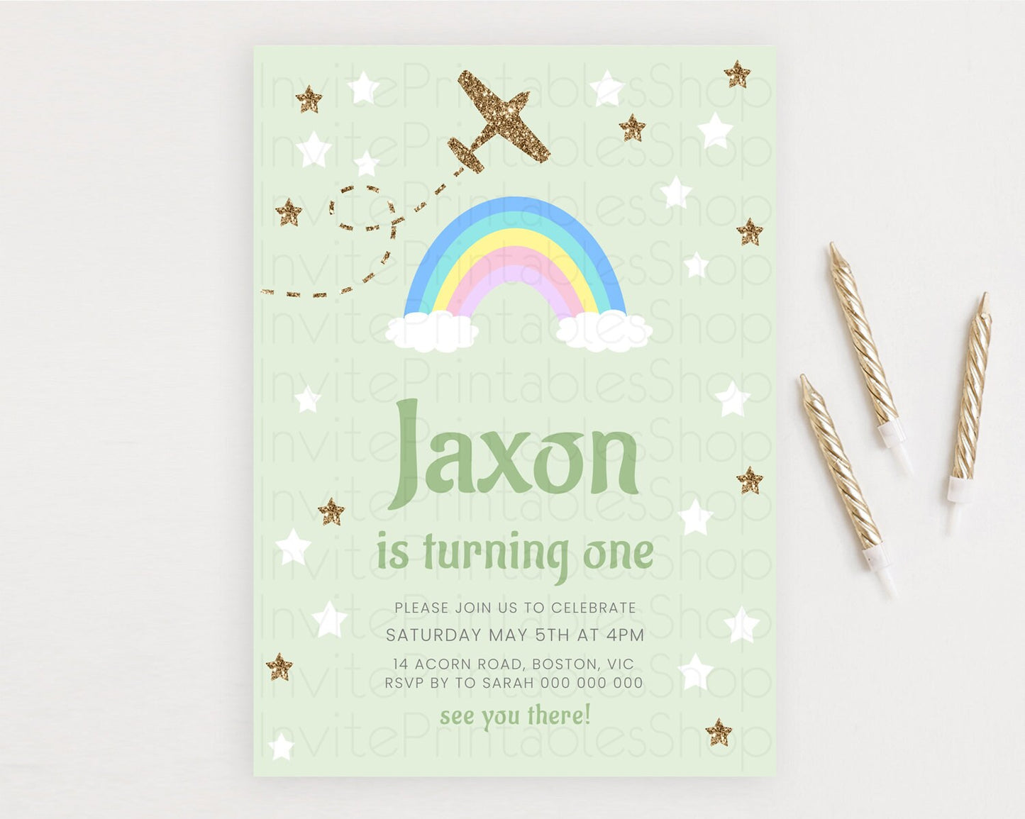 Plane Birthday Invitation Plane Invite Pastel Rainbow Clouds Stars Party Adventure Awaits Up Up Away Glitter 2nd 1st First Birthday D10293