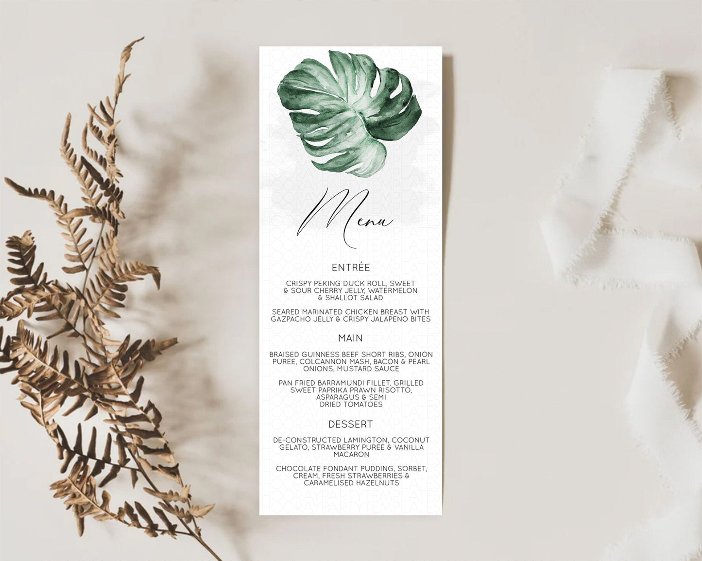 Tropical Menu Template Tropical Menu Palm Leaf Fern Table Decor Frangipani Floral White Orchid Dinner Dessert Menu Party Food Menu D11041