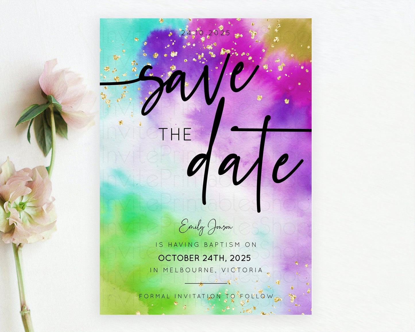Tie Dye Save The Date Template Rainbow Pastel Ombre Watercolor Party For 1st Birthday Baptism Baby Shower Bridal Shower Wedding D10536