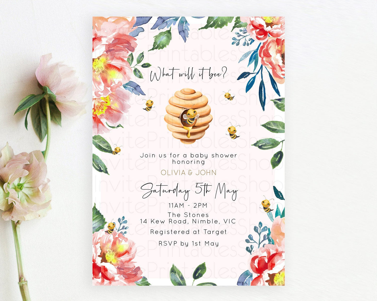 Momma Bee Baby Shower Invitation, Sweet Honey Bee, Floral Beehive, Red and Orange Flowers - Summery Yellow Bee Theme Gender Reveal D11036