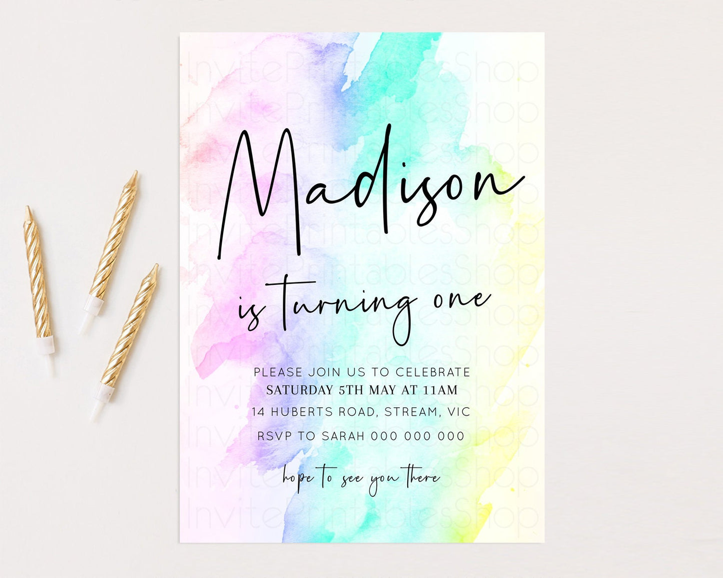 Rainbow Watercolor Birthday Invitation Pastel Rainbow Birthday Invite Ombre Colorful Invite Glitter Art Party Invitation 1st 2nd 3rd F210
