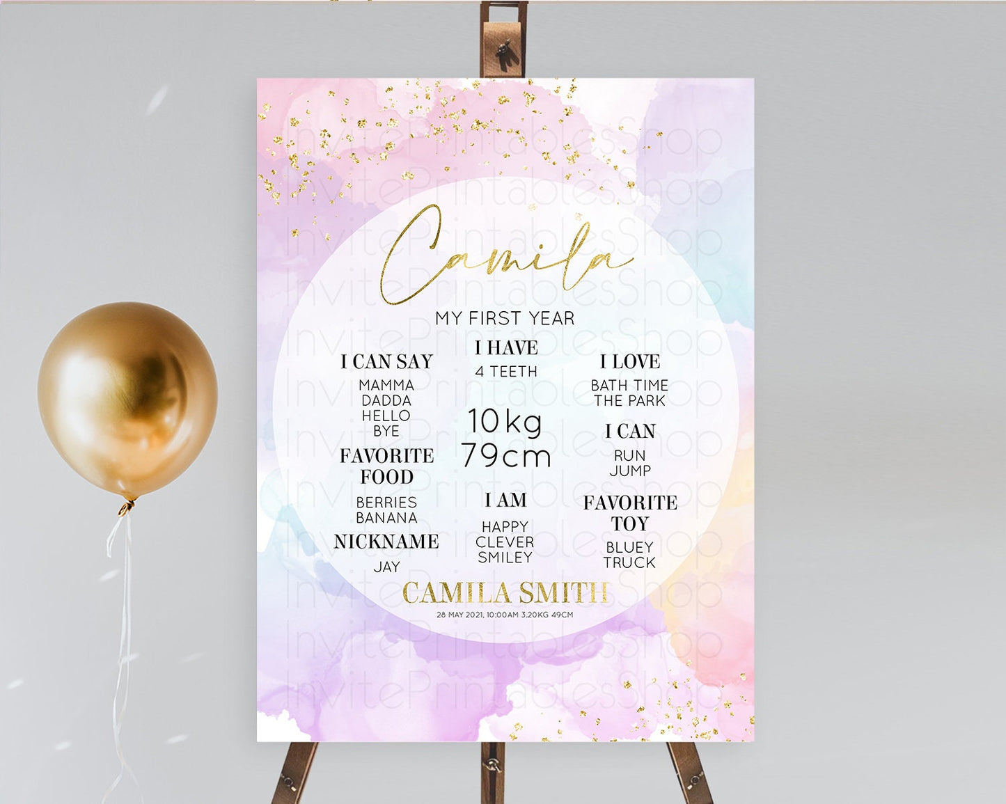 Pastel First Birthday Milestone Board Pastel Rainbow Milestone Poster Colorful Confetti Watercolor Glitter 1st Birthday Welcome Sign D10623
