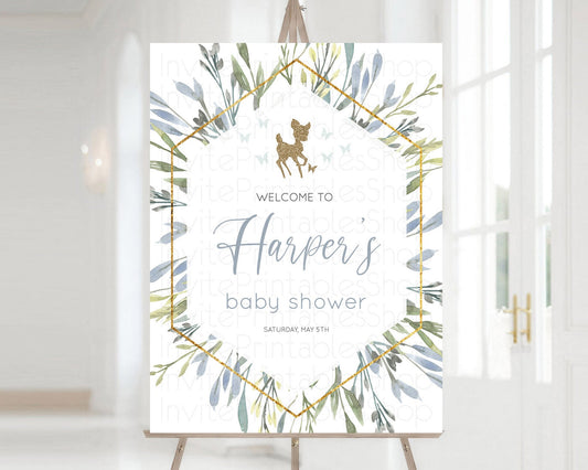 Fawn Baby Shower Welcome Sign Deer Welcome Board Floral Deer Welcome Poster Enchanted Forest Butterfly Pastel Floral Welcome Sign D10534