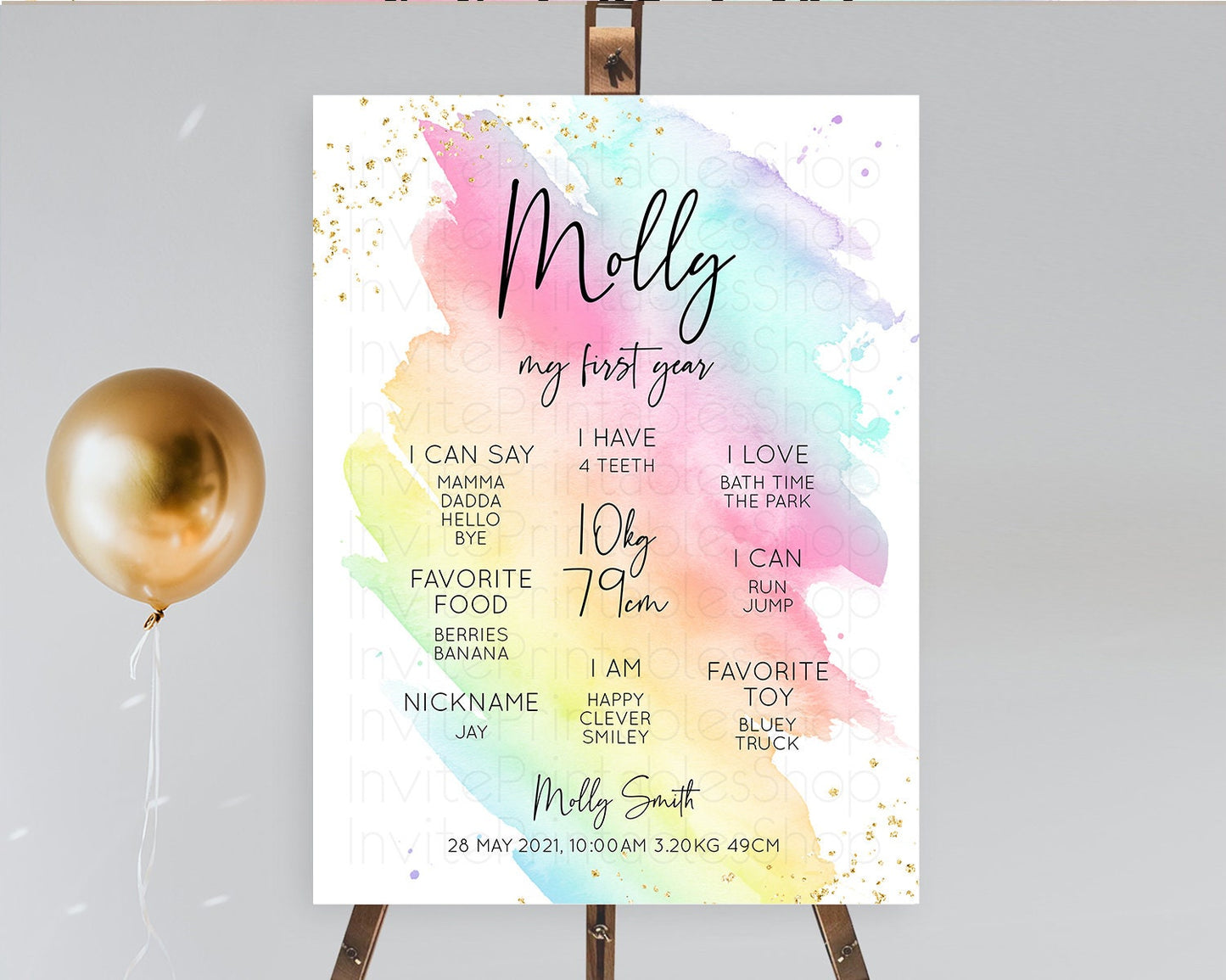 Pastel First Birthday Milestone Board Pastel Rainbow Milestone Poster Colorful Confetti Watercolor Glitter 1st Birthday Welcome Sign D10495