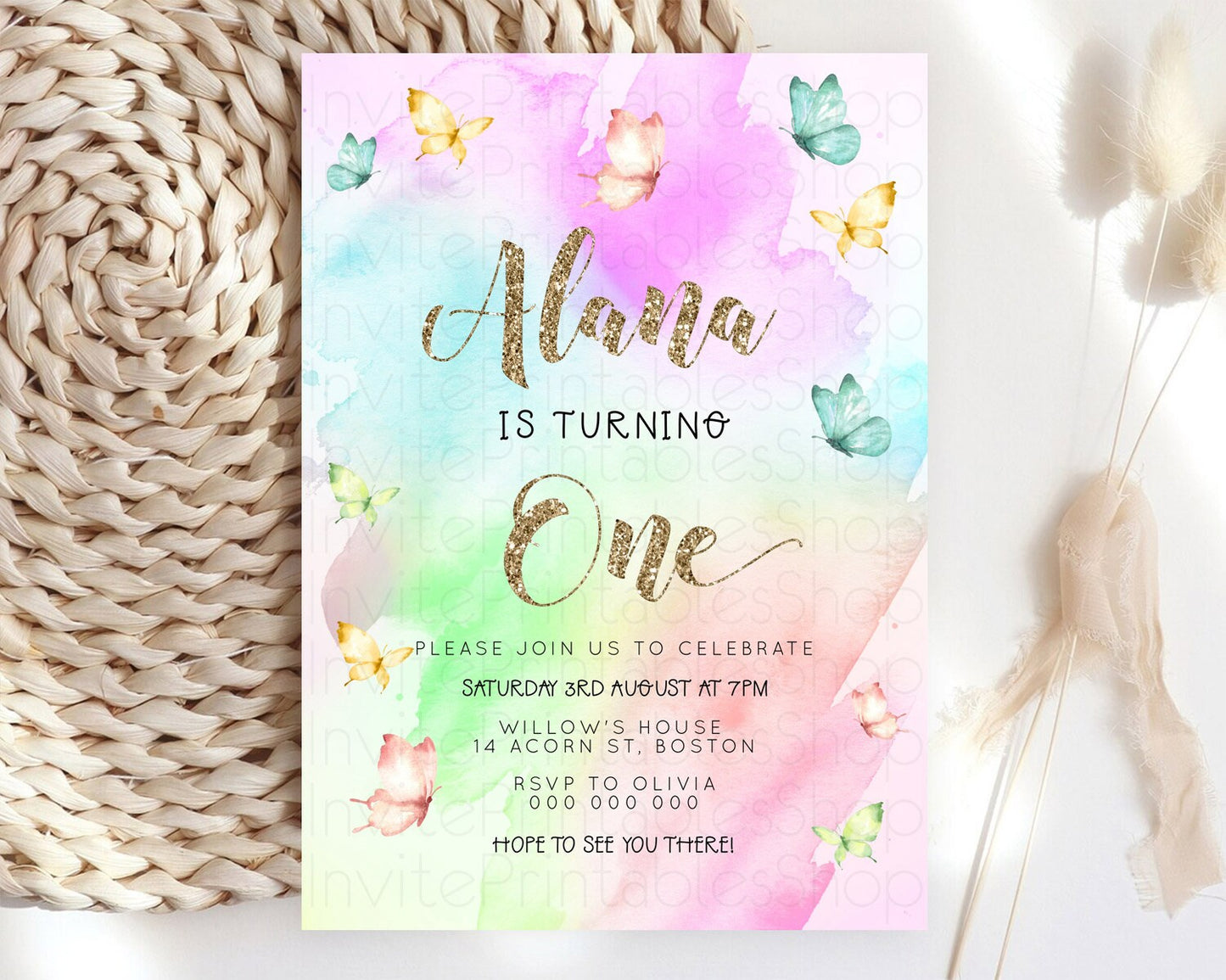 Pastel Butterfly Birthday Invitation Butterfly Birthday Invitation Colorful Splash Glitter Butterfly Garden 1st 2nd Birthday D23256