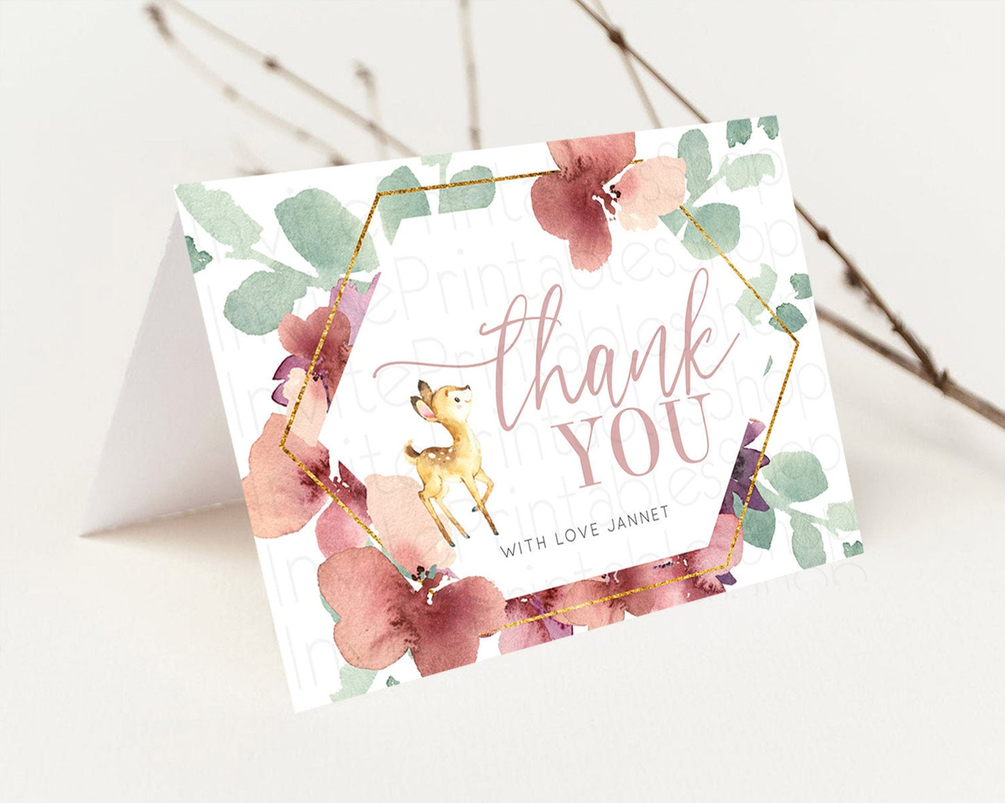 Fawn Thank You Deer Thank You Card Pastel Floral Deer Birthday Thank You Card Enchanted Forest Butterfly Deer Teacher Thank You Card D10915