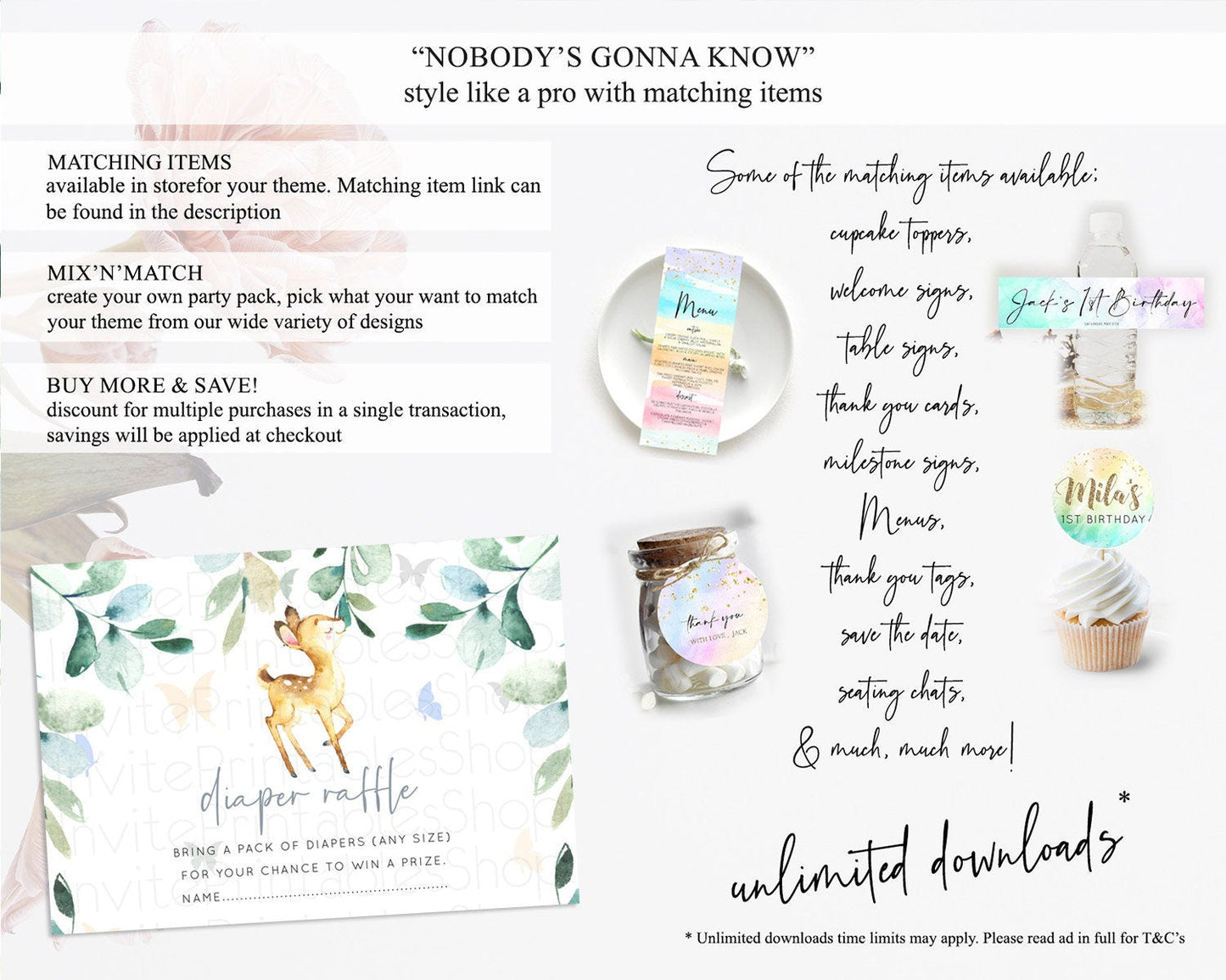 Fawn Diaper Raffle Card Deer Diaper Insert Floral Deer Diaper Ticket Enchanted Forest Butterfly Pastel Baby Shower Raffle Game D10767