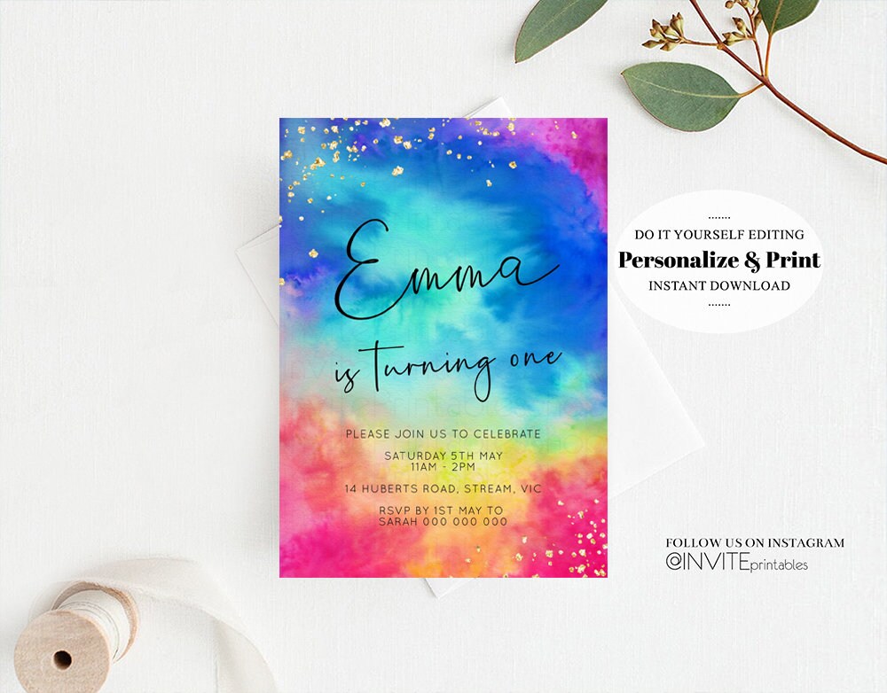 Rainbow Birthday Invitation Ombre Pastel Invitation Colorful Watercolor Splash Gold Glitter Sprinkles Tie Dye Printable Digital Invite