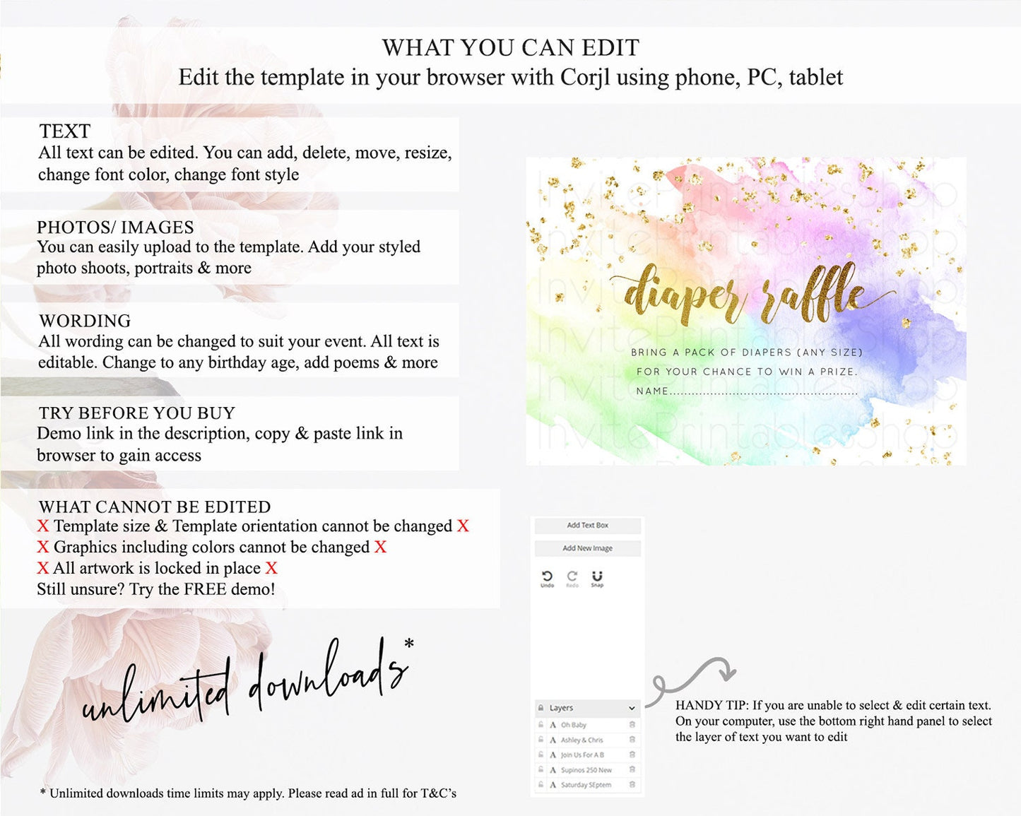 Pastel Diaper Raffle Card Pastel Rainbow Diaper Raffle Insert Colorful Ombre Watercolor Diaper Ticket Confetti Glitter Raffle Game D10876