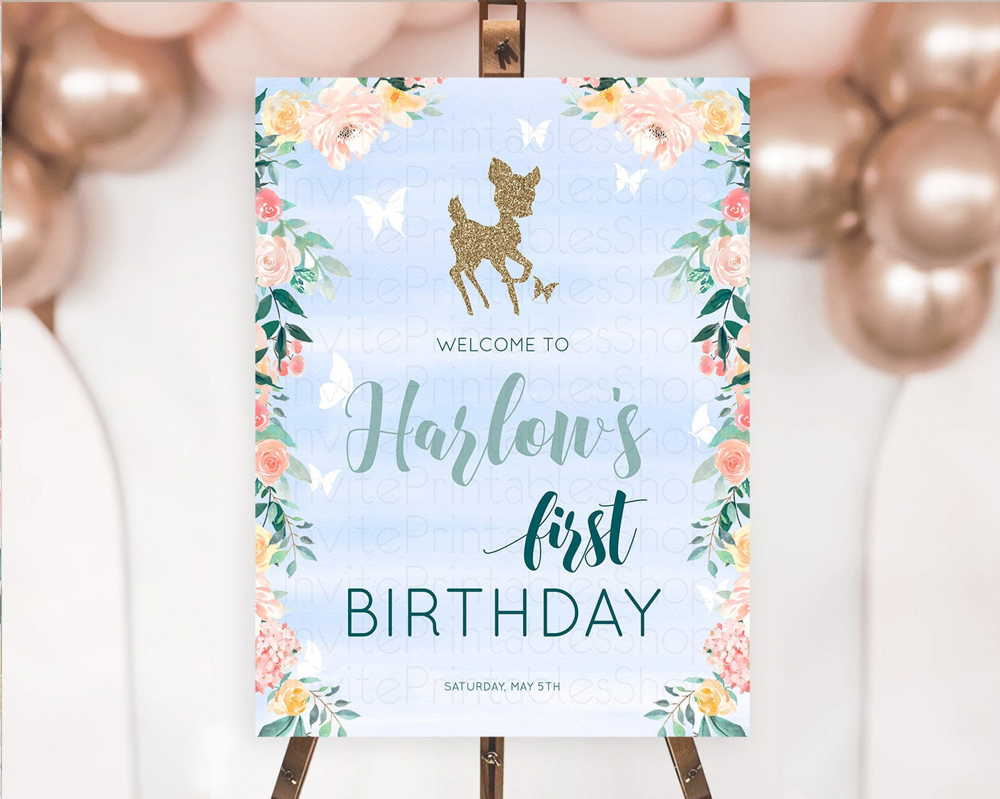 Fawn Welcome Sign Deer Welcome Board Floral Deer Welcome Poster Enchanted Forest Butterfly Pastel Floral First Birthday Welcome Sign D10875