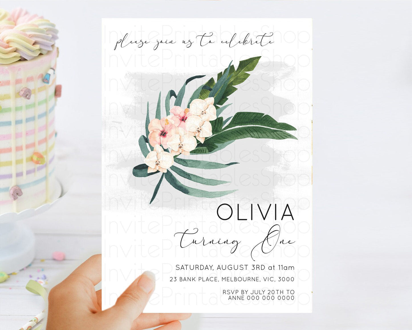 Tropical Invitation Tropical Birthday Invitation Tropical Floral Invitation Palm Leaf Fern Invite Frangipani White Orchid Invitation D11011