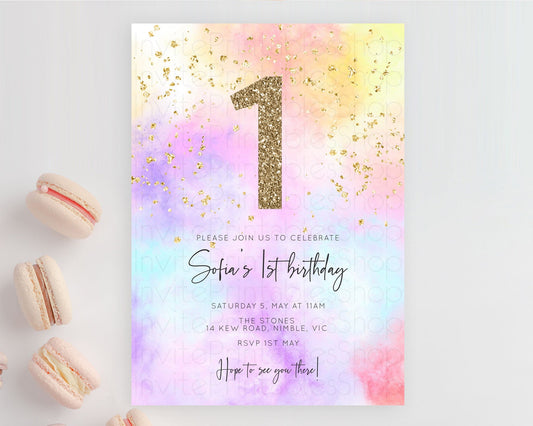 Editable Rainbow Birthday Invitation Colorful Pastel Watercolor Invitation G