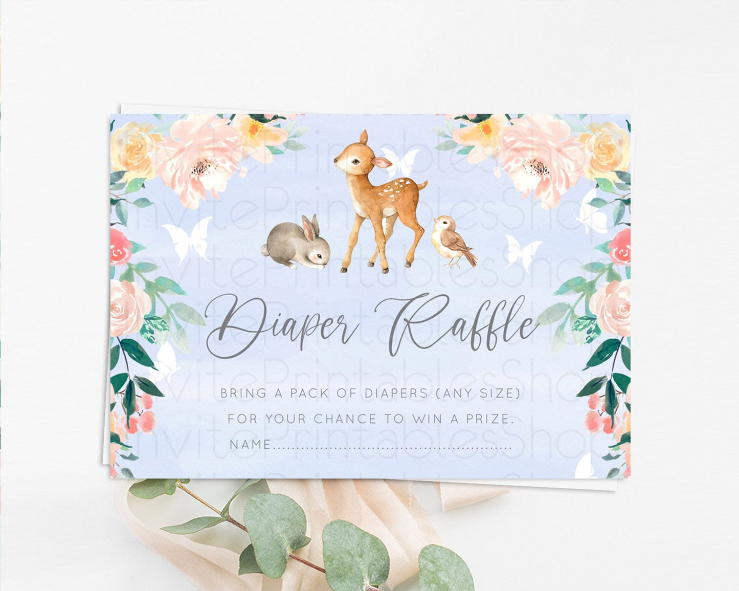 Fawn Diaper Raffle Card Deer Diaper Insert Floral Deer Diaper Ticket Enchanted Forest Butterfly Pastel Baby Shower Raffle Game D10920