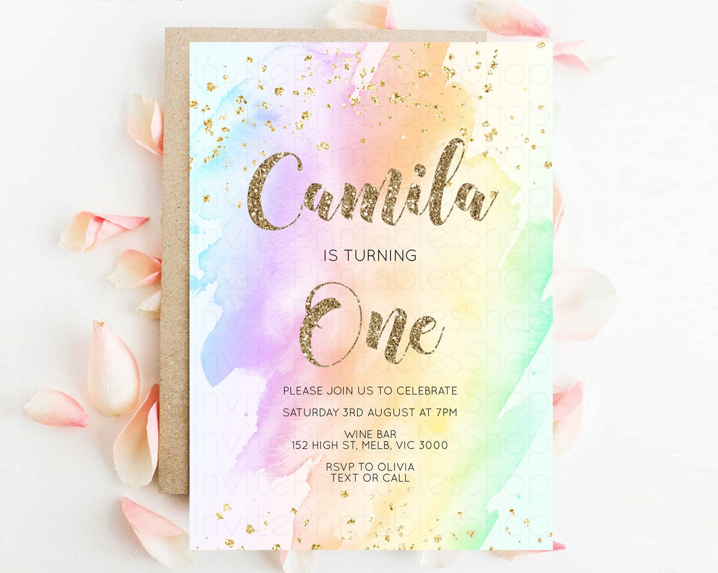 Rainbow Birthday Invitation Glitter Pastel Invitation Colorful Watercolor Gold Foil Splatter Sprinkle Ombre 1st 2nd 3rd Birthday Invite g602