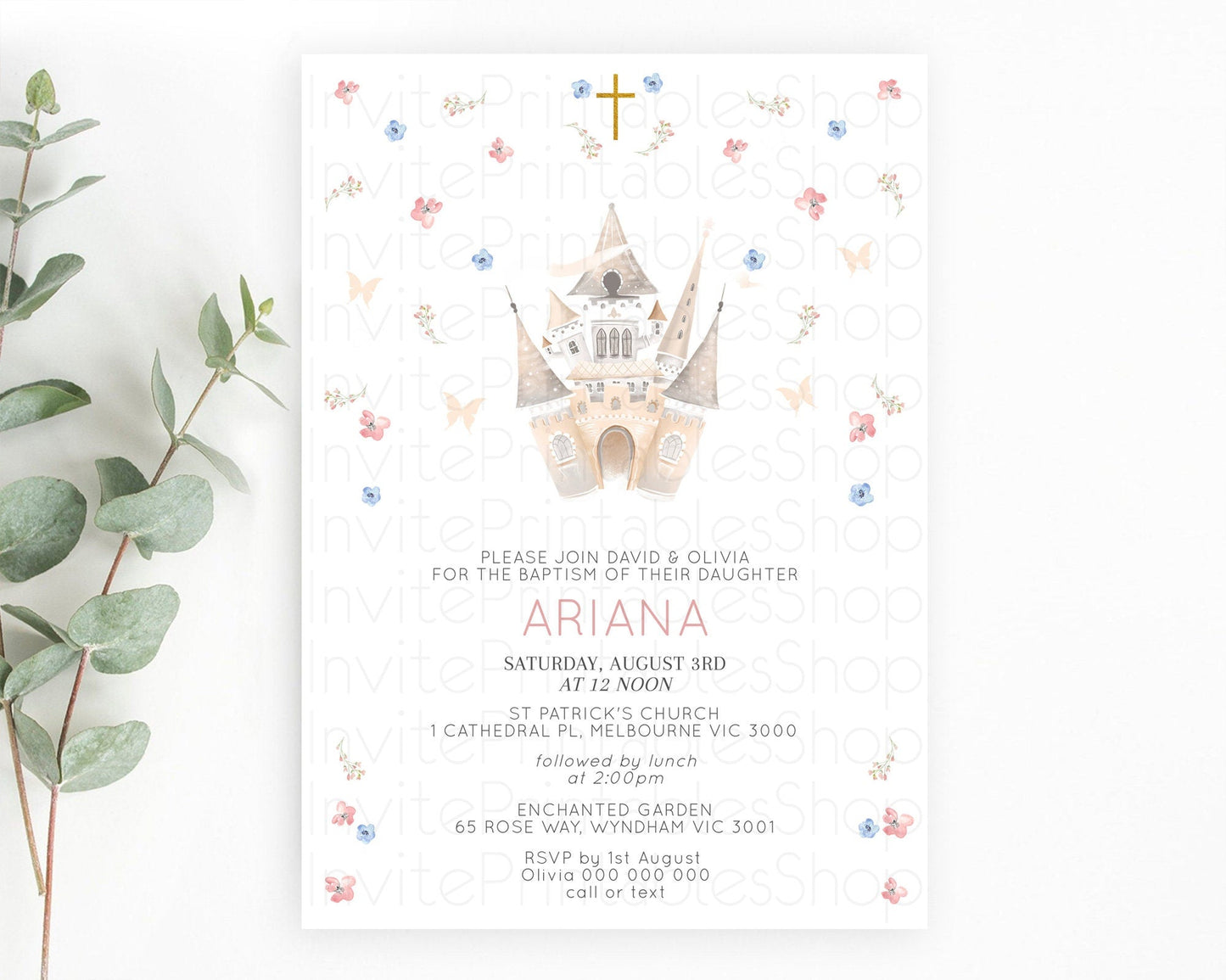 Princess Baptism Invitation Enchanted Castle Baptism 1st Birthday Invitation Royal Party Pastel Floral Secret Garden Christening D10364