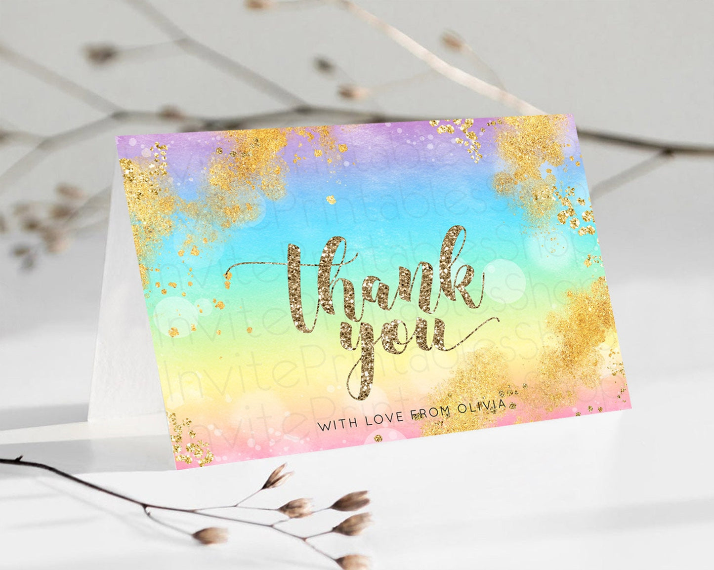 Pastel Thank You Rainbow Thank You Card Colorful Pastel Birthday Thank You Card Confetti Watercolor Pastel Teacher Thank You Cards D10561