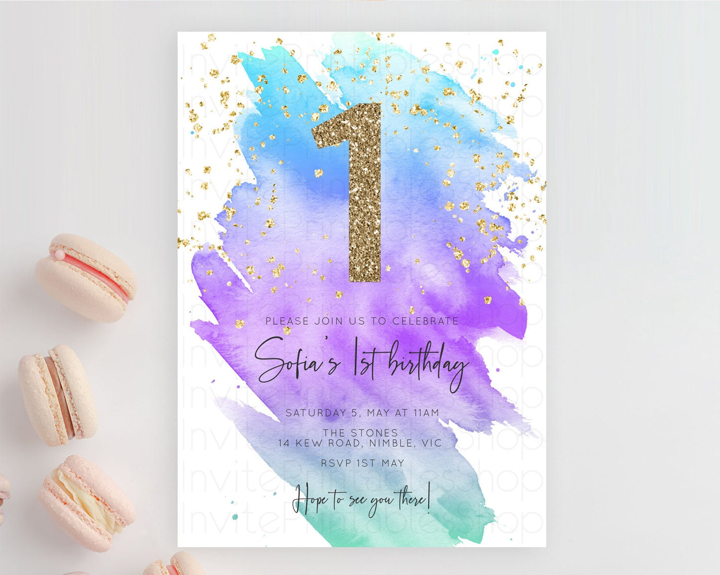 Rainbow Birthday Invitation Colorful Pastel Watercolor Invitation Gold Glitter Sprinkles Ombre Pastel 1st 2nd 3rd Birthday D10491