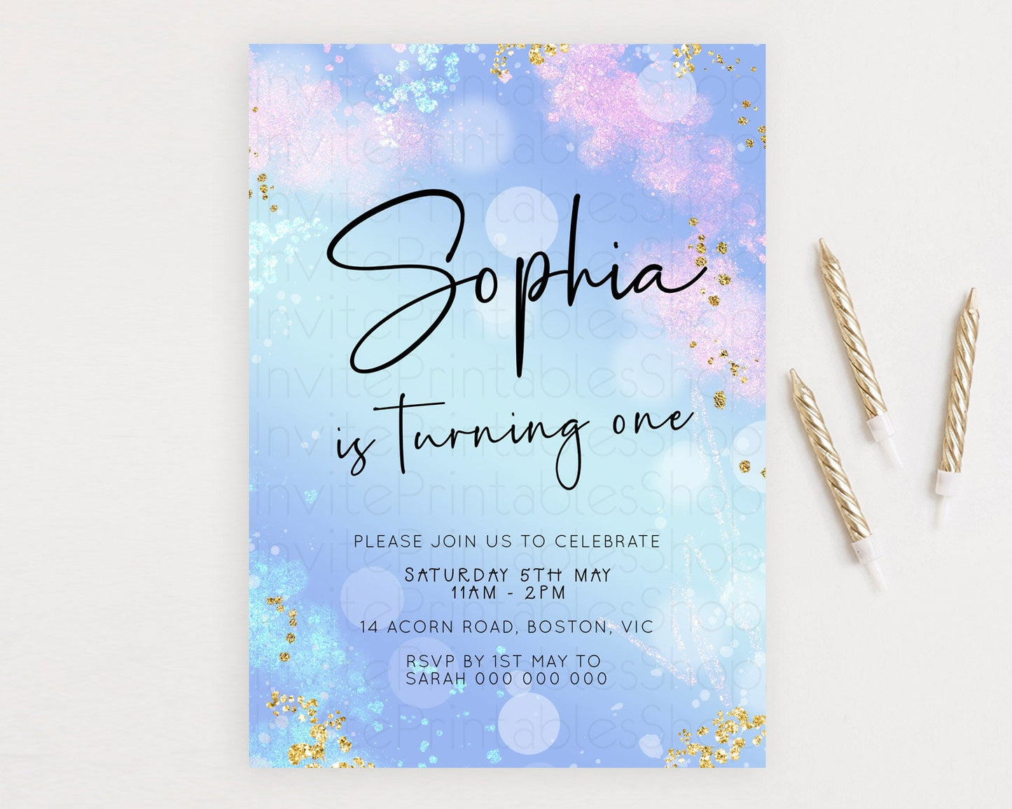 Blue Birthday Invitation Blue Watercolor Invitation Pastel Blue Watercolor Invitation Blue Splash Gold Invitation 1st First Birthday D23106