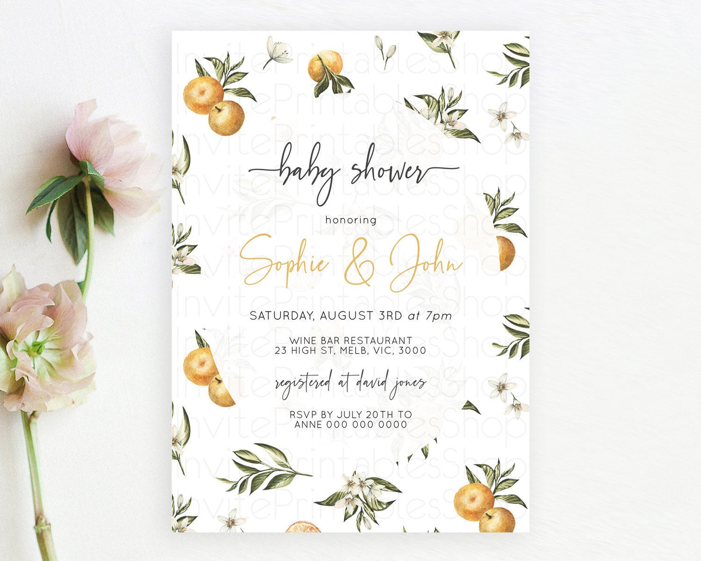 Citrus Baby Shower Invitation Orange Lemon Invitation Citrus Floral Garden Theme Citrus Floral Watercolor Invitation D10545