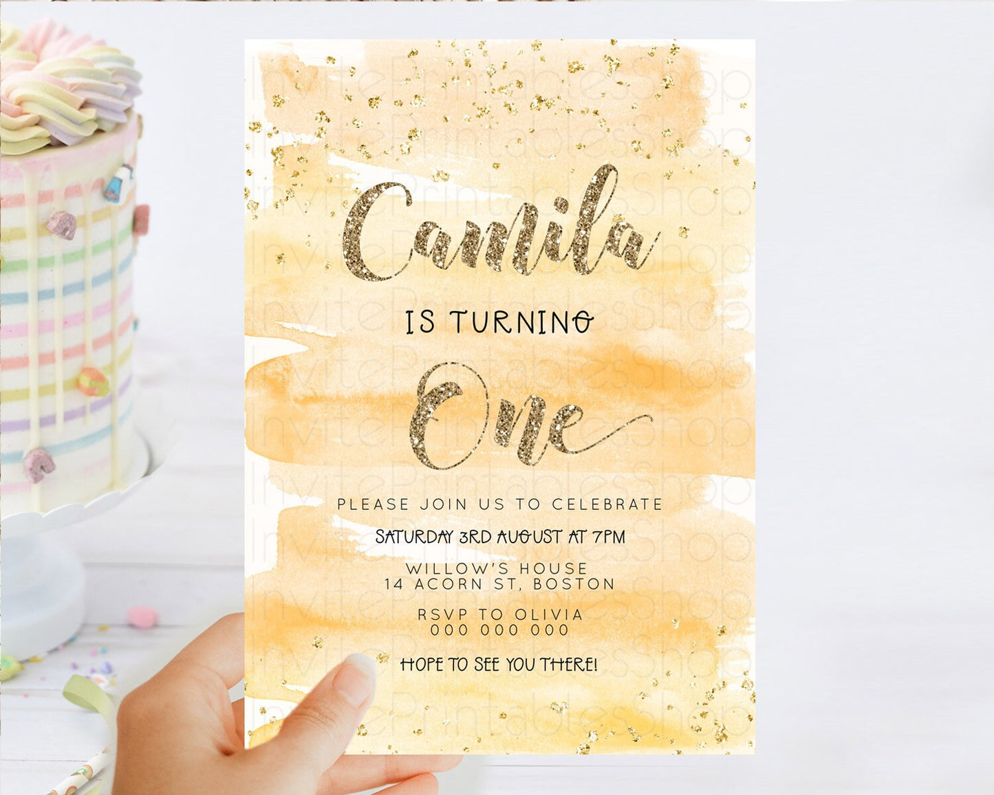 Rainbow Birthday Invitation Colorful Pastel Watercolor Invitation Gold Glitter Sprinkles Ombre Pastel 1st 2nd 3rd Birthday D23278