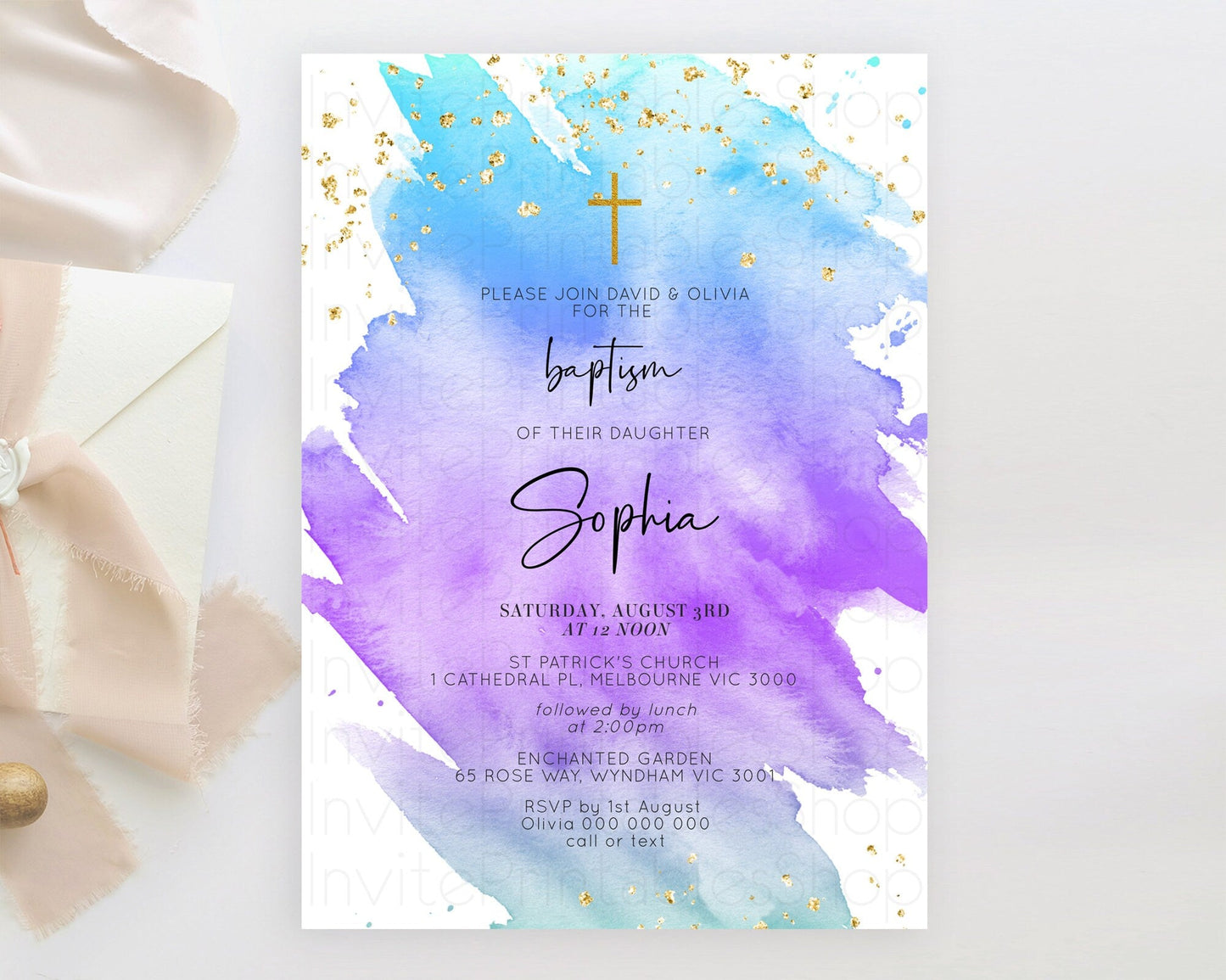 Pastel Baptism Invitation Pastel Colors Watercolor Baptism 1st Birthday Party Gold Ombre Pastel Rainbow Christening Holy Communion D10491
