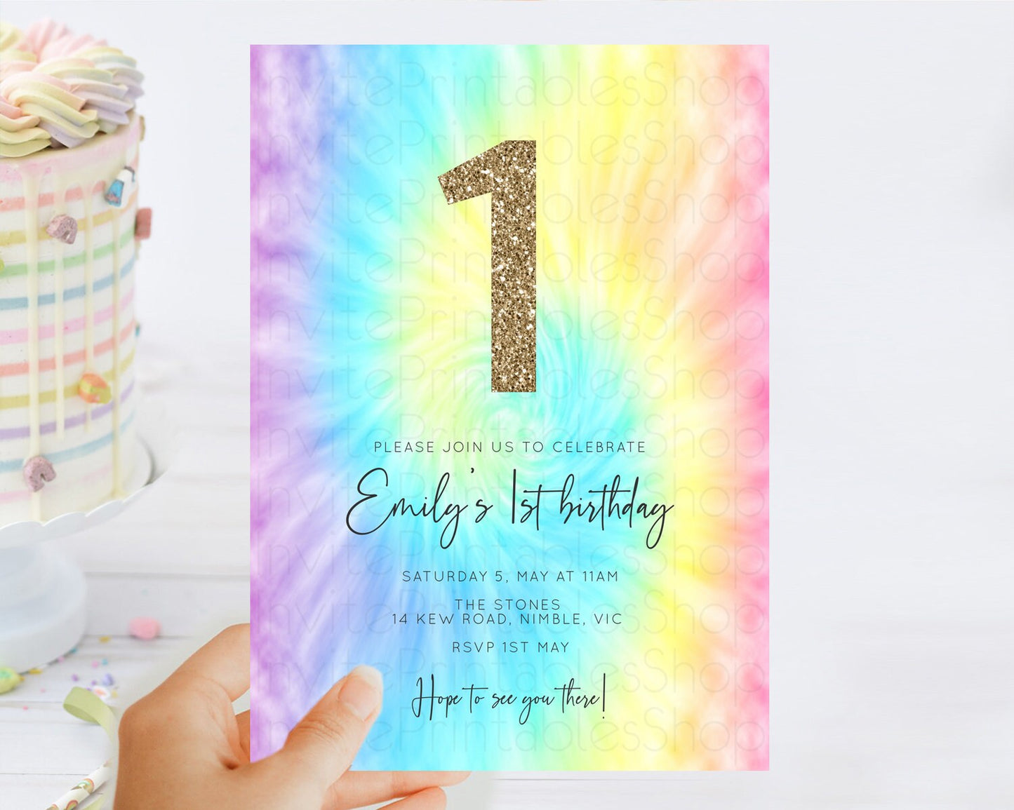 Tie Dye Invitation Rainbow Birthday Invitation Pastel Invitation Colorful Invitation Pastel Rainbow Party 3rd 2nd 1st First Birthday D10578