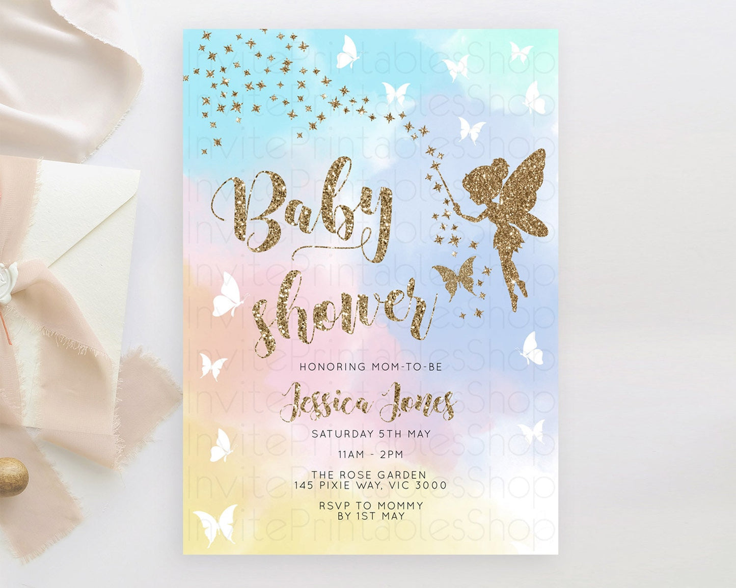 Fairy Baby Shower Invitation Pastel Fairy Invites Fairy Tea Party Fairy Garden Theme Secret Garden Enchanted Garden Floral Butterfly D10894