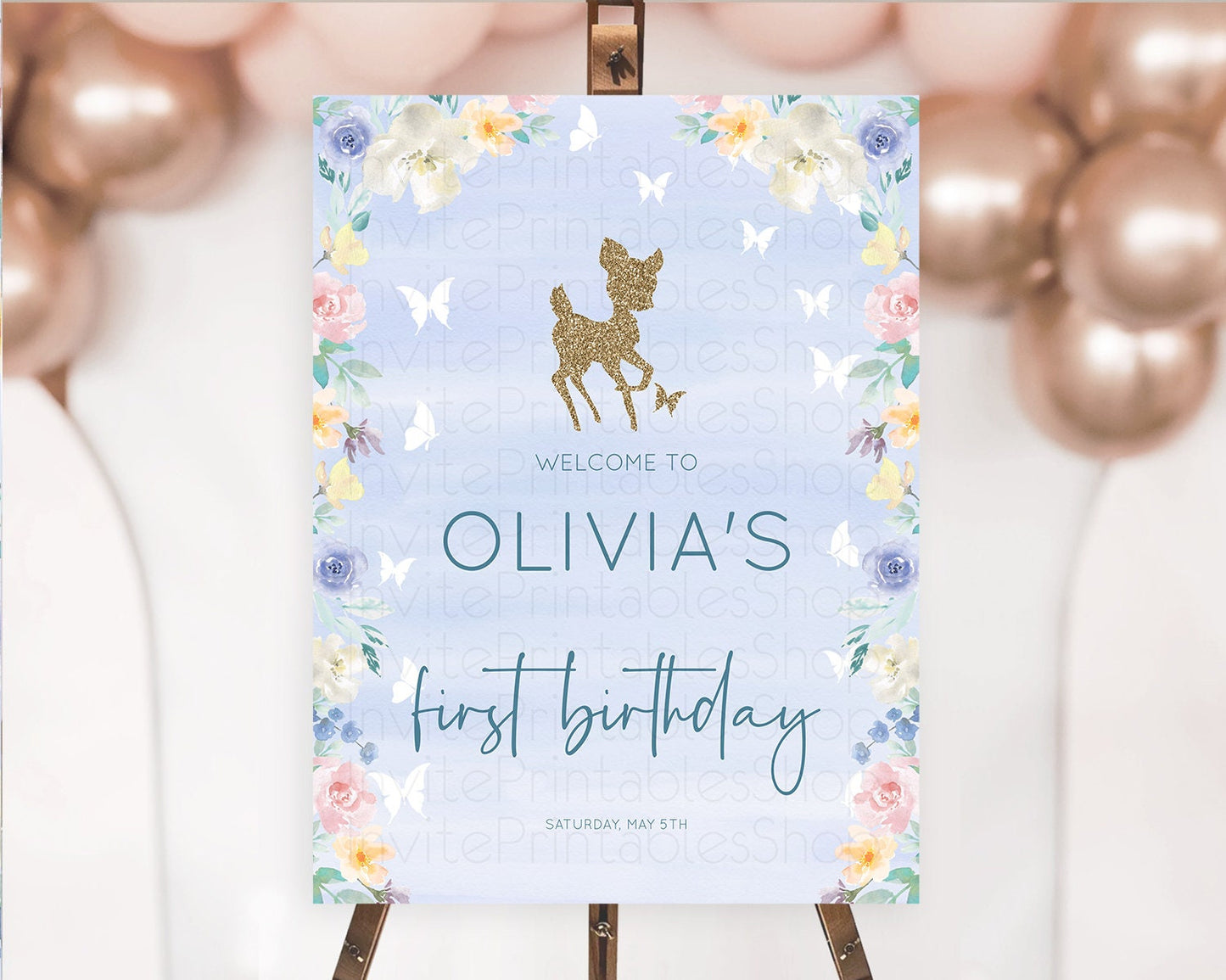 Fawn Welcome Sign Deer Welcome Board Floral Deer Welcome Poster Enchanted Forest Butterfly Pastel Floral First Birthday Welcome Sign D10879