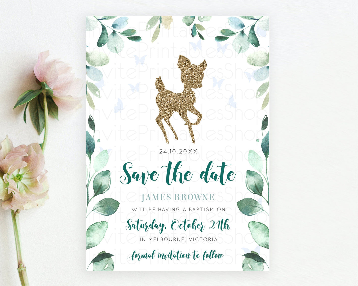 Fawn Deer Save The Date Template Pastel Floral Deer Enchanted Forest Butterfly Party 1st Birthday Baptism Baby Shower Bridal Shower D10882