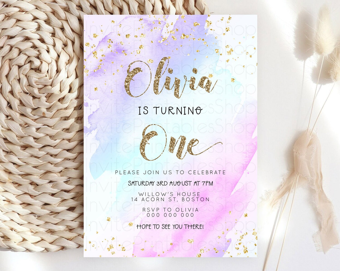 Rainbow Birthday Invitation Colorful Pastel Watercolor Invitation Gold Glitter Sprinkles Ombre Pastel 1st 2nd 3rd Birthday D23283