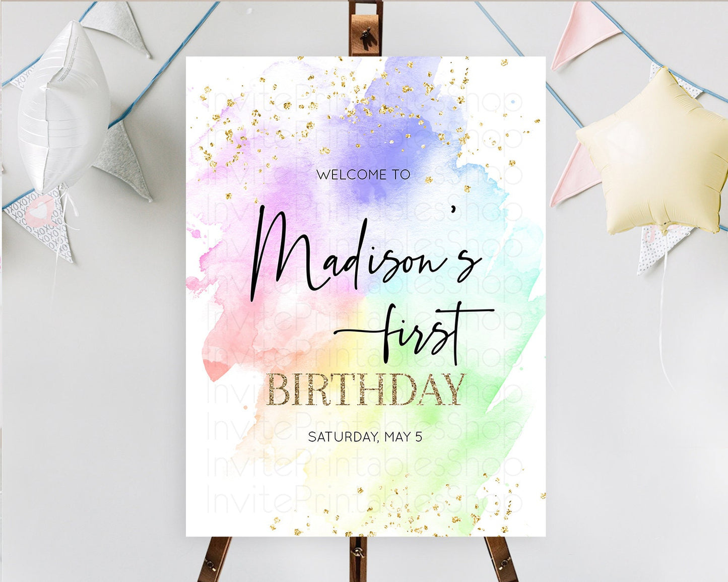 Pastel Welcome Sign Pastel Rainbow Welcome Sign Colorful Rainbow Confetti Watercolor Glitter Pastel First Birthday Welcome Sign D10316