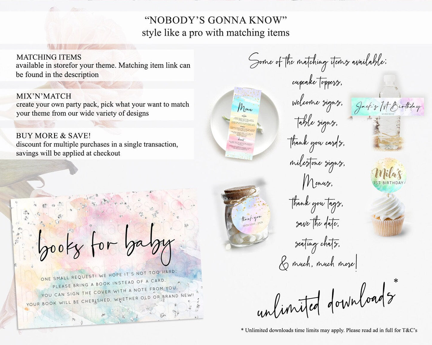 Pastel Rainbow Books For Baby Card Pastel Book Insert Pastel Colorful Book Card Confetti Watercolor Silver Guests Book Poem Request D10945