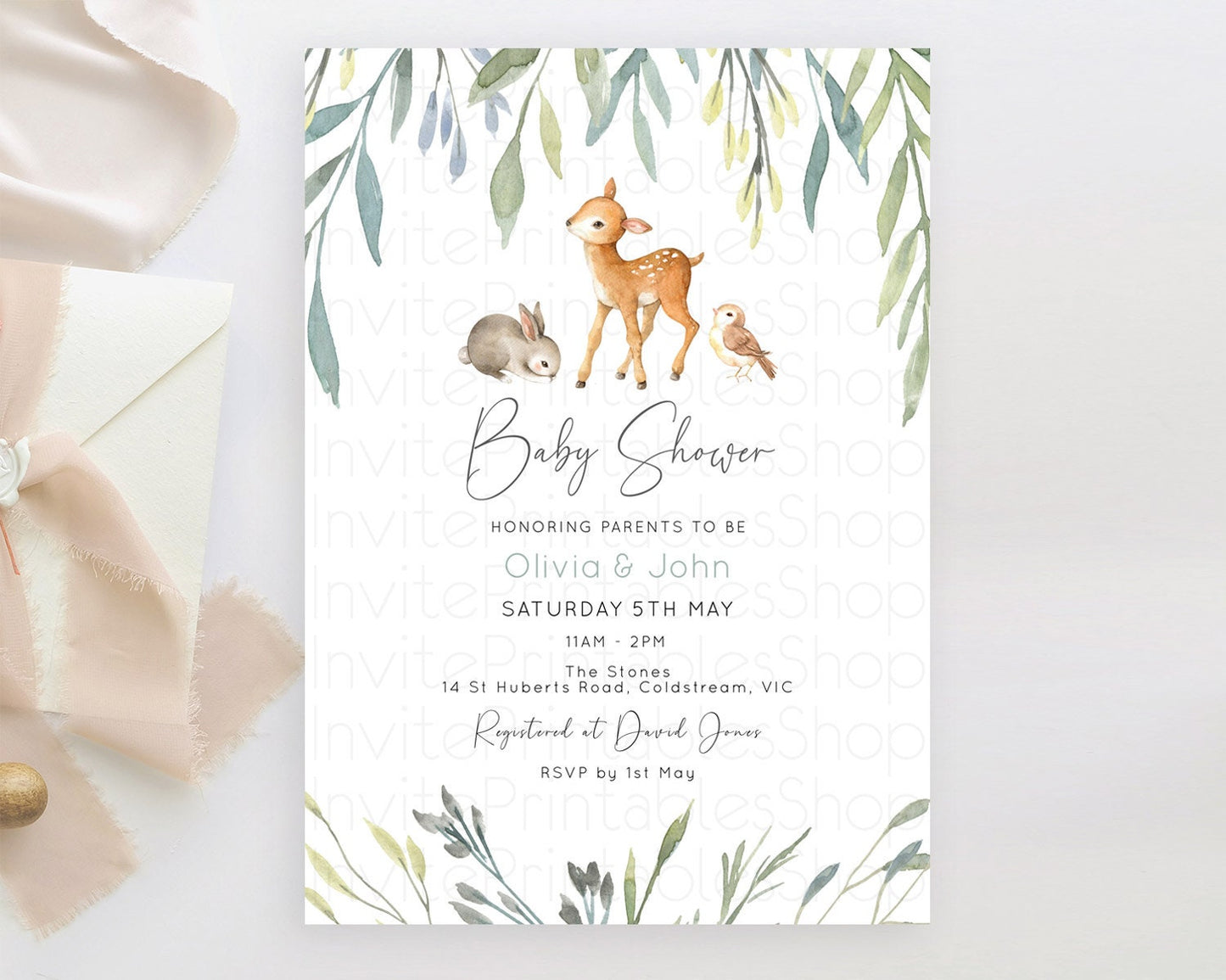 Enchanted Forest Baby Shower Invitation, Fawn, Deer with Soft Color Greenery, Whimsical Rustic Woodland Theme - Organic Pastel Green D10919