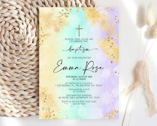 Pastel Baptism Invitation Rainbow Christening Invitation Holy Communion Invite Baptism 1st Birthday Sprinkles Ombre Watercolor Splash 706