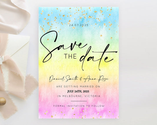 Editable Pastel Save The Date Template Pastel Ombre Rainbow Watercolor Color