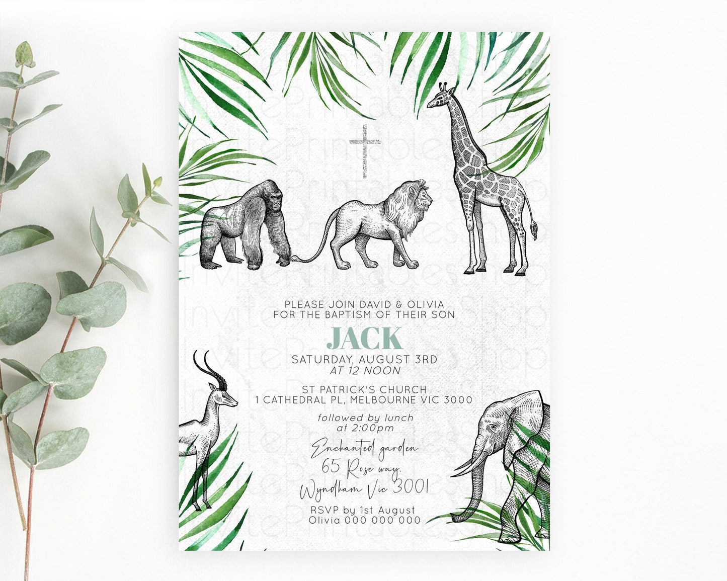 Safari Baptism Invitation Safari Adventure Baptism Birthday Invitation Lion Gorilla Elephant Rhino Tropical Palm Jungle Adventure D10853