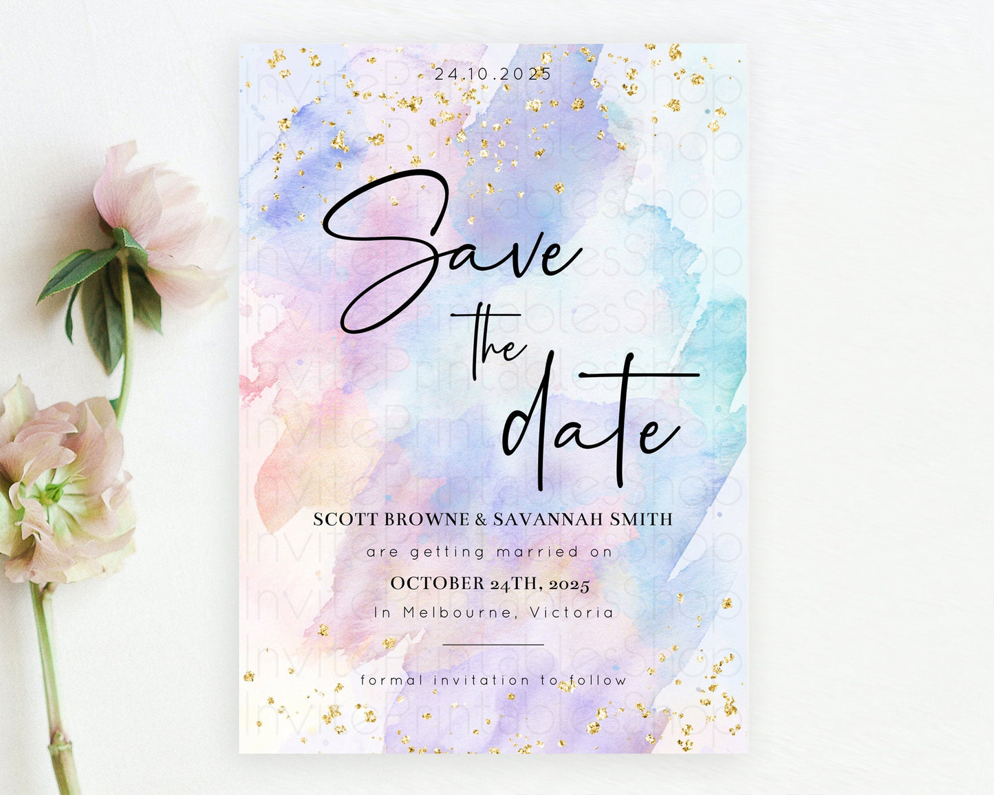 Pastel Save The Date Template Pastel Ombre Rainbow Watercolor Colorful Party For Birthday Baptism Baby Shower Wedding Bridal Shower D10585