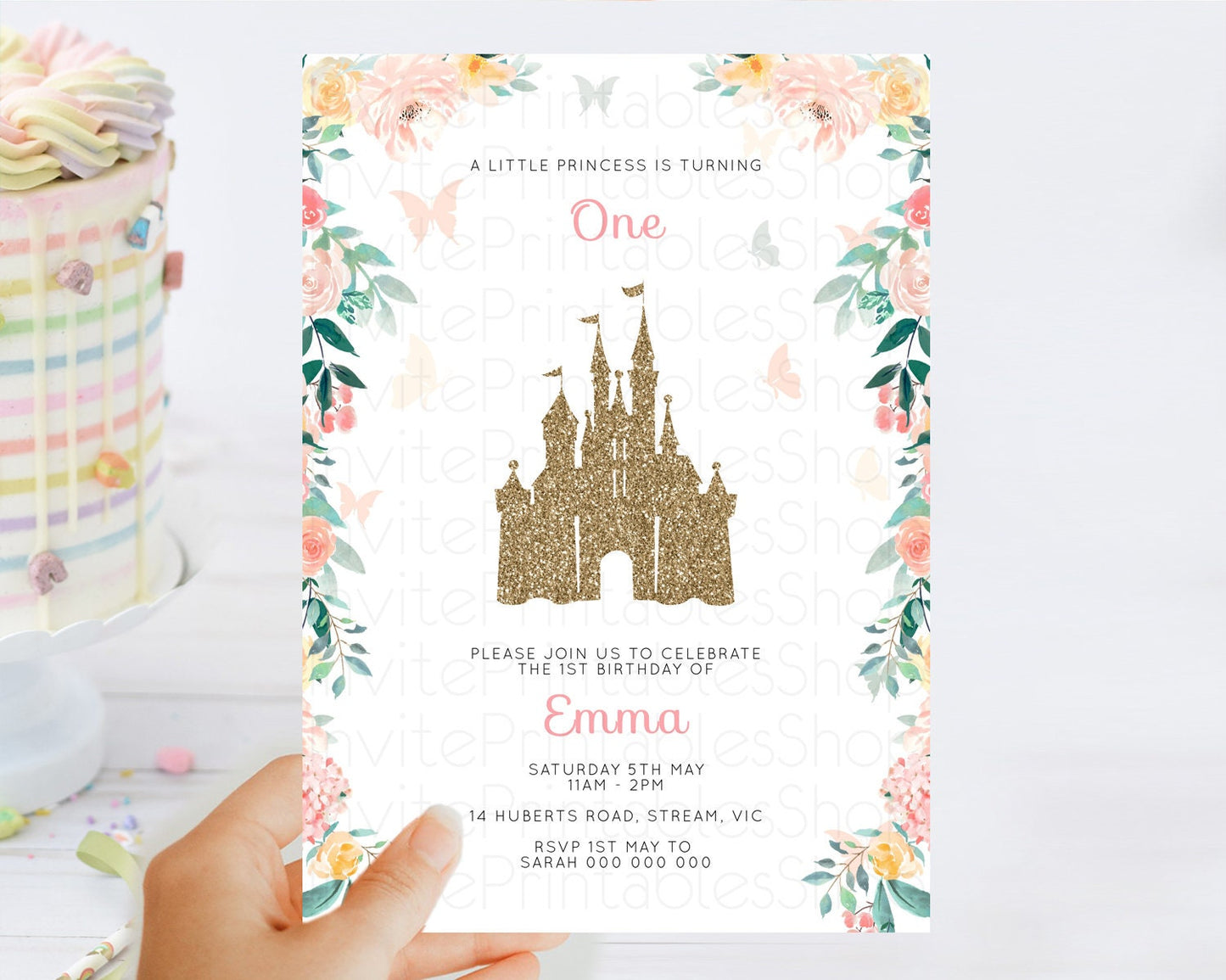 Princess Birthday Invitation Castle Invitation Royal Birthday Fairy Tale Enchanted Castle Pastel Floral Garden 1st First Birthday D10429