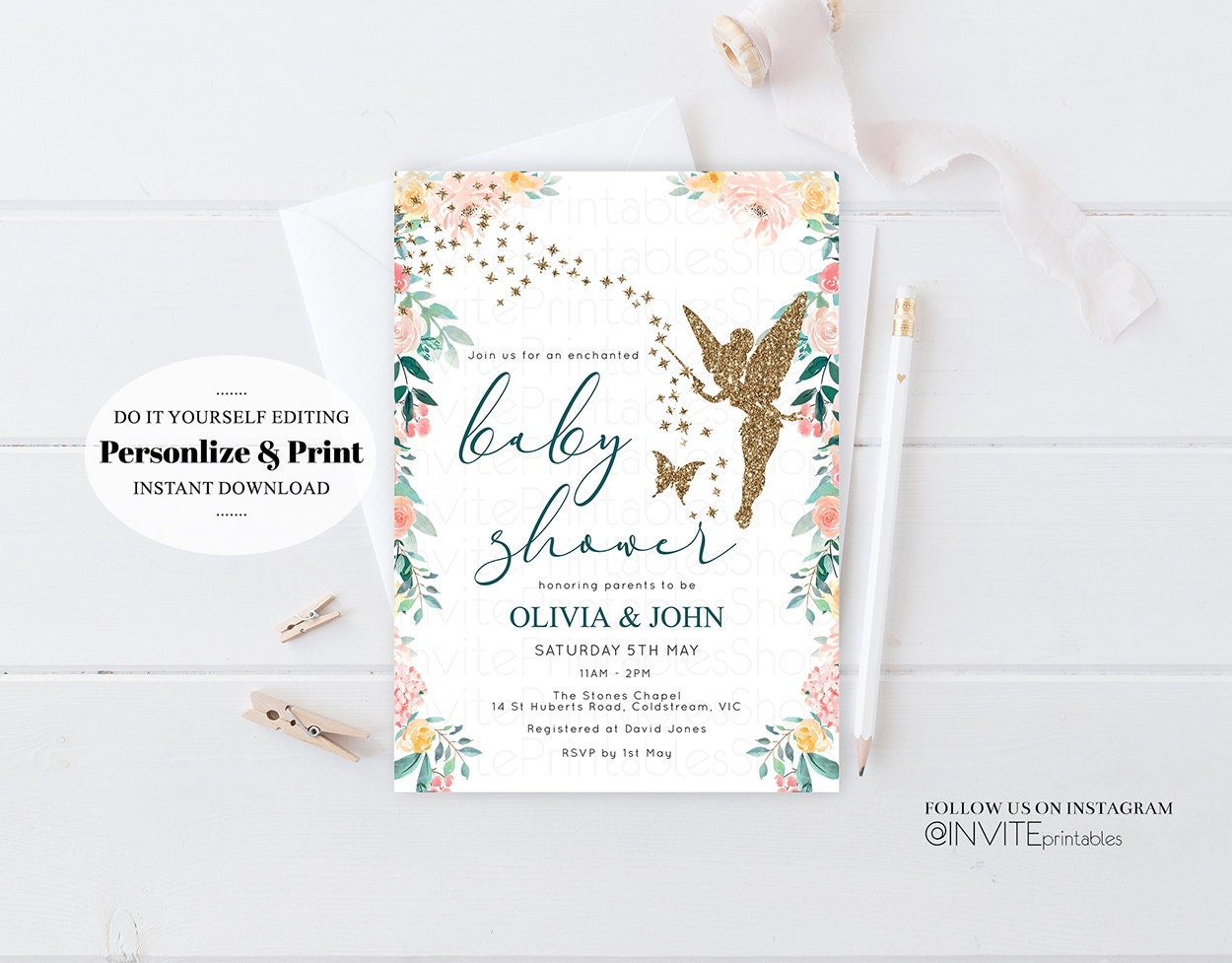 Fairy Baby Shower Invitation Enchanted Baby Shower Tinkerbell Gold Glitter Pixie Sprinkle Twinkle Stars Fairytale Pastel Watercolor Flowers