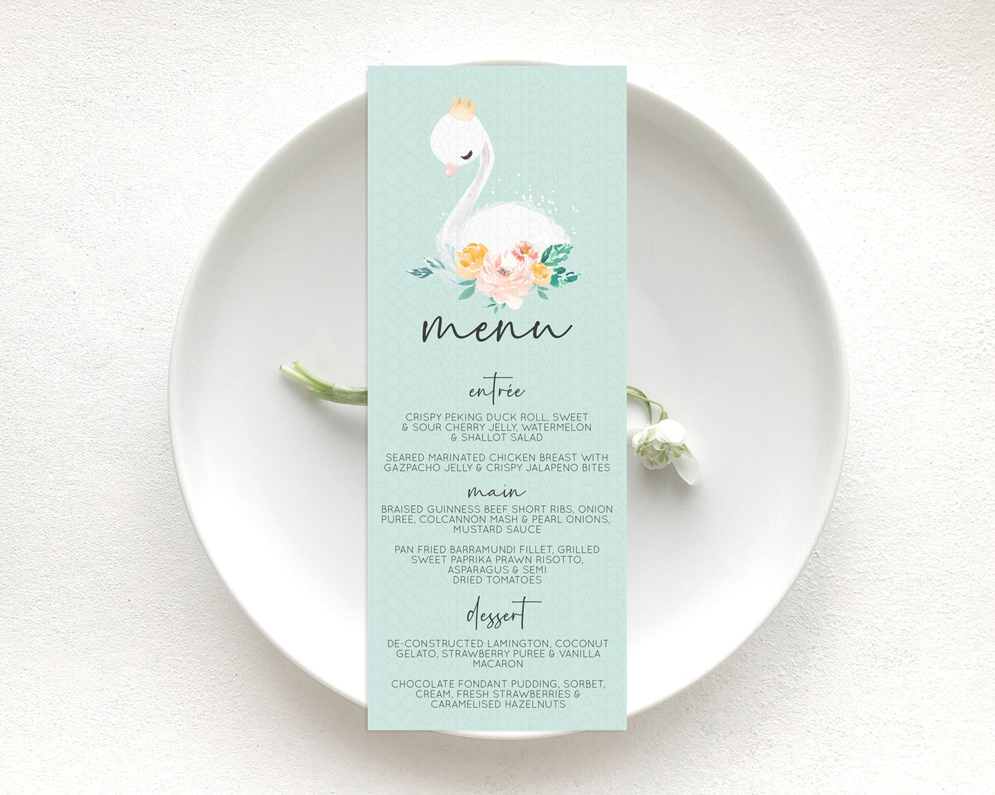 Swan Menu Swan Princess Ballet Menu Template Enchanted Swan Lake Table Decor Secret Garden Pastel Floral Dinner Dessert Food Menu D10905