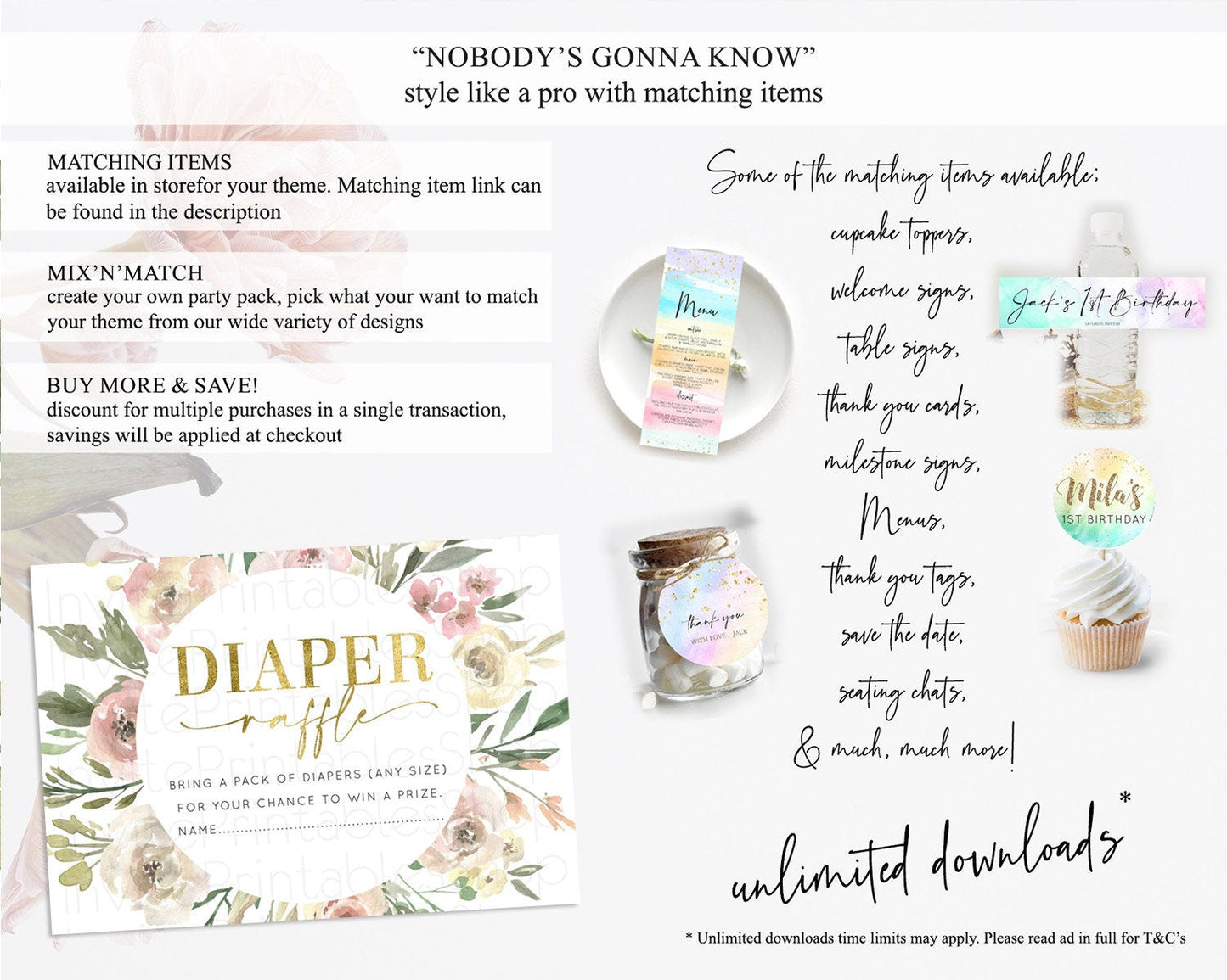 Secret Garden Diaper Raffle Card Boho Wildflower Diaper Raffle Insert Pastel Flower Garden Baby Shower Card Flower Raffle Game D10202