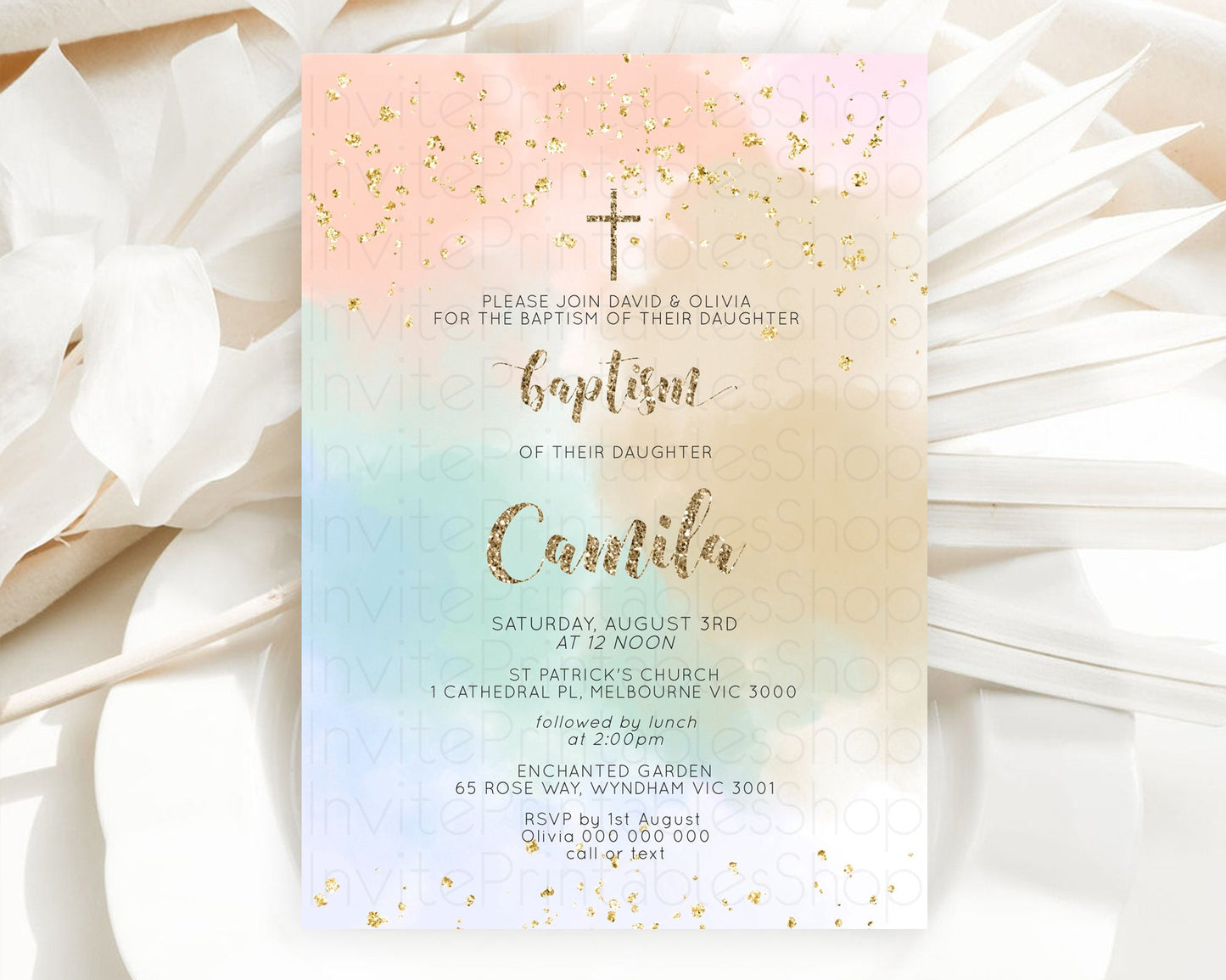 Pastel Baptism Invitation Pastel Colors Watercolor Baptism 1st Birthday Party Gold Ombre Pastel Rainbow Christening Holy Communion D10377