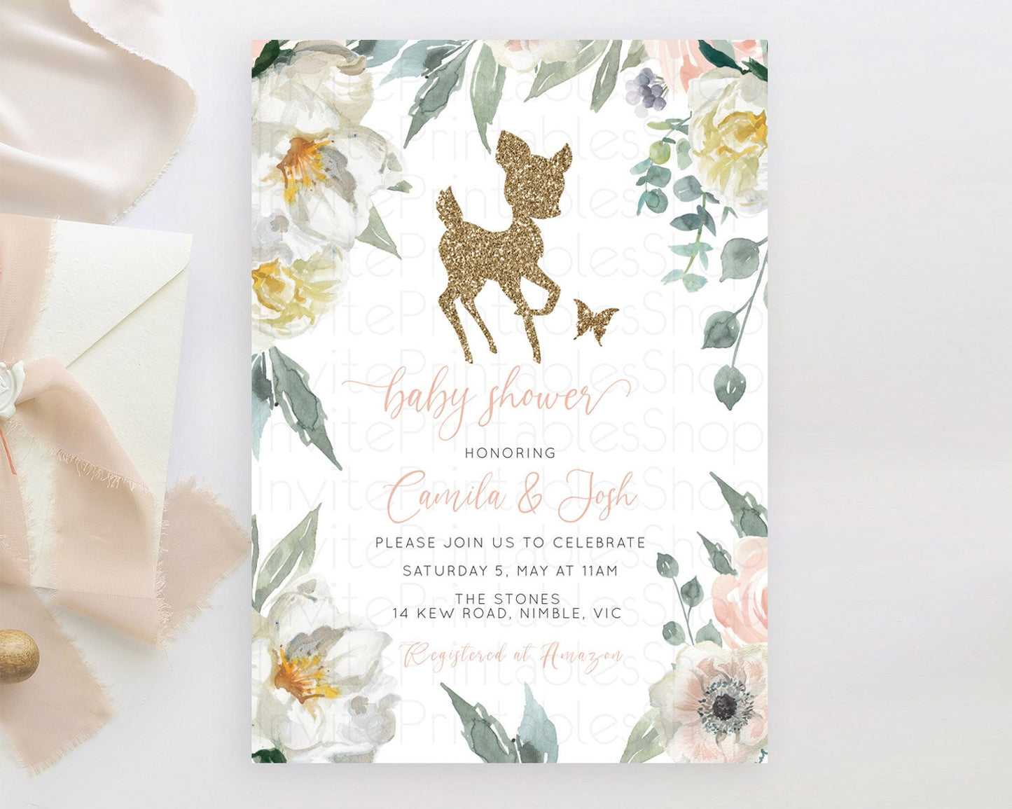 Fawn Baby Shower Invitation Deer Baby Shower Invites Enchanted Forest Theme Butterfly Pastel Flowers Whimsical Baby Shower D10120