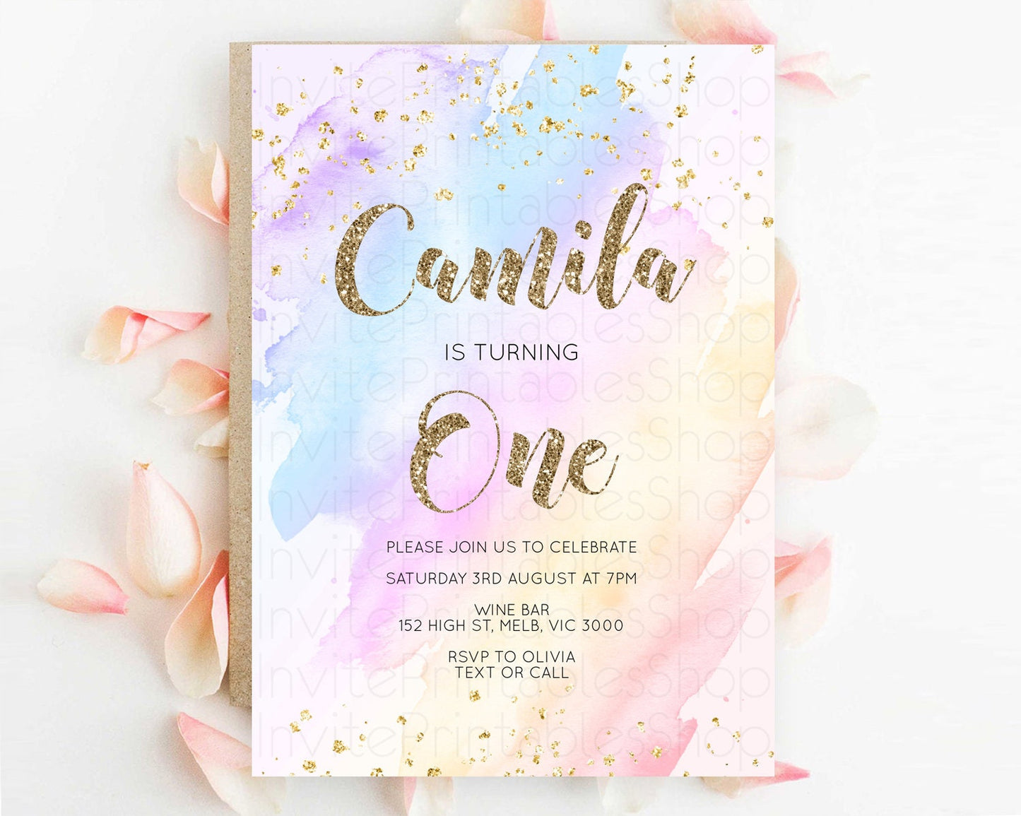 Rainbow Birthday Invitation Colorful Pastel Watercolor Invitation Gold Glitter Sprinkles Ombre Pastel 1st 2nd 3rd Birthday D10633