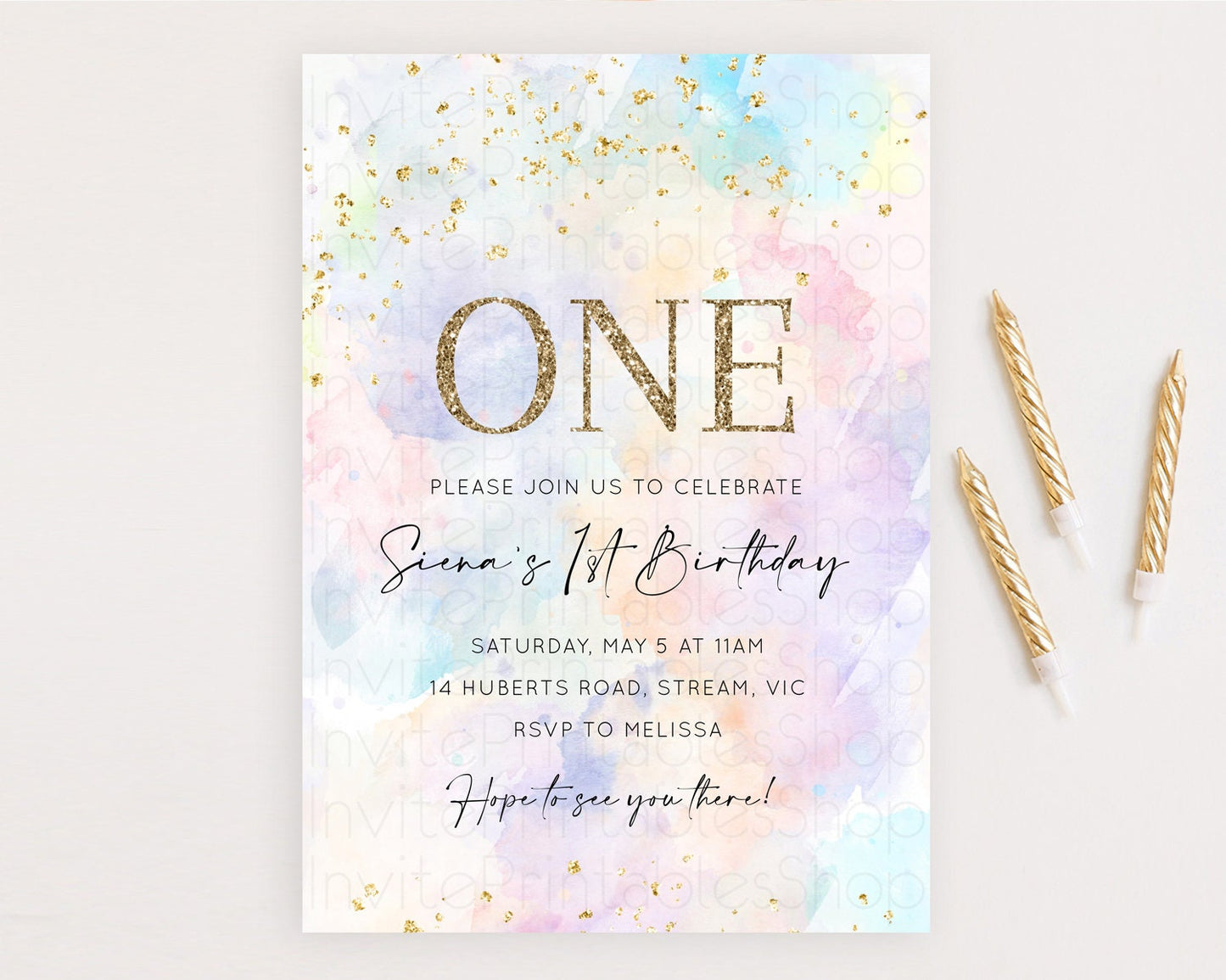 Rainbow Birthday Invitation Colorful Pastel Watercolor Invitation Gold Glitter Sprinkles Ombre Pastel 1st 2nd 3rd Birthday D10605