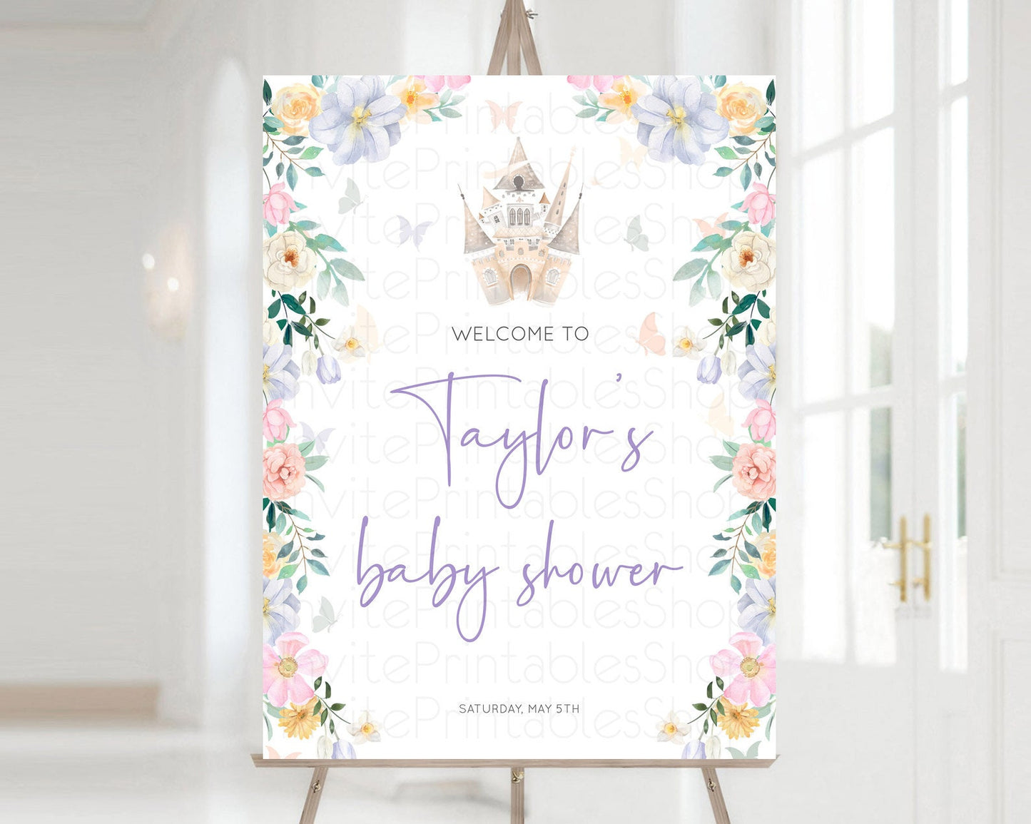 Princess Baby Shower Welcome Sign Castle Welcome Board Secret Garden Enchanted Castle Pastel Floral Garden Baby Shower Welcome Sign D10473