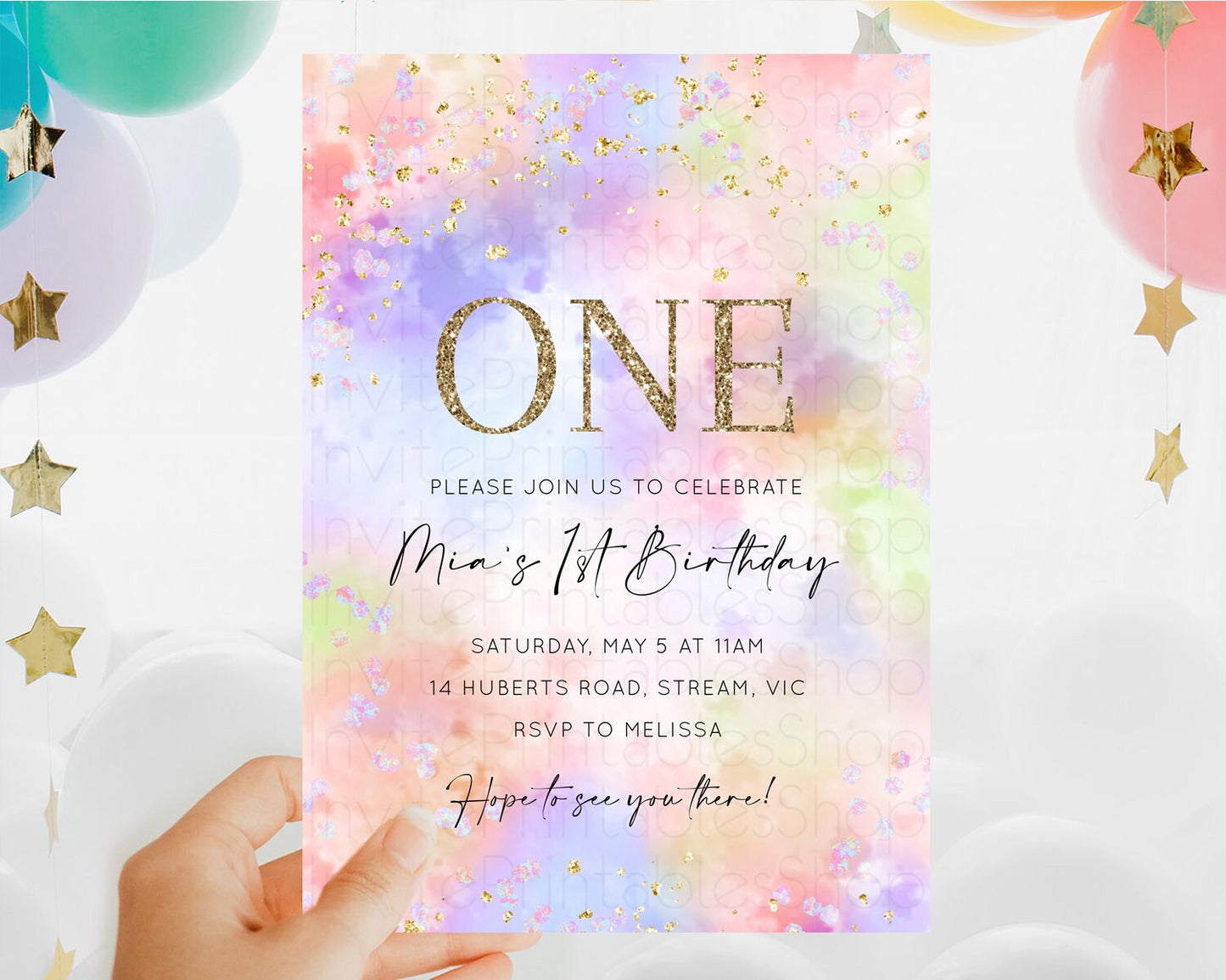 Editable Rainbow Birthday Invitation Colorful Pastel Watercolor Invitation G
