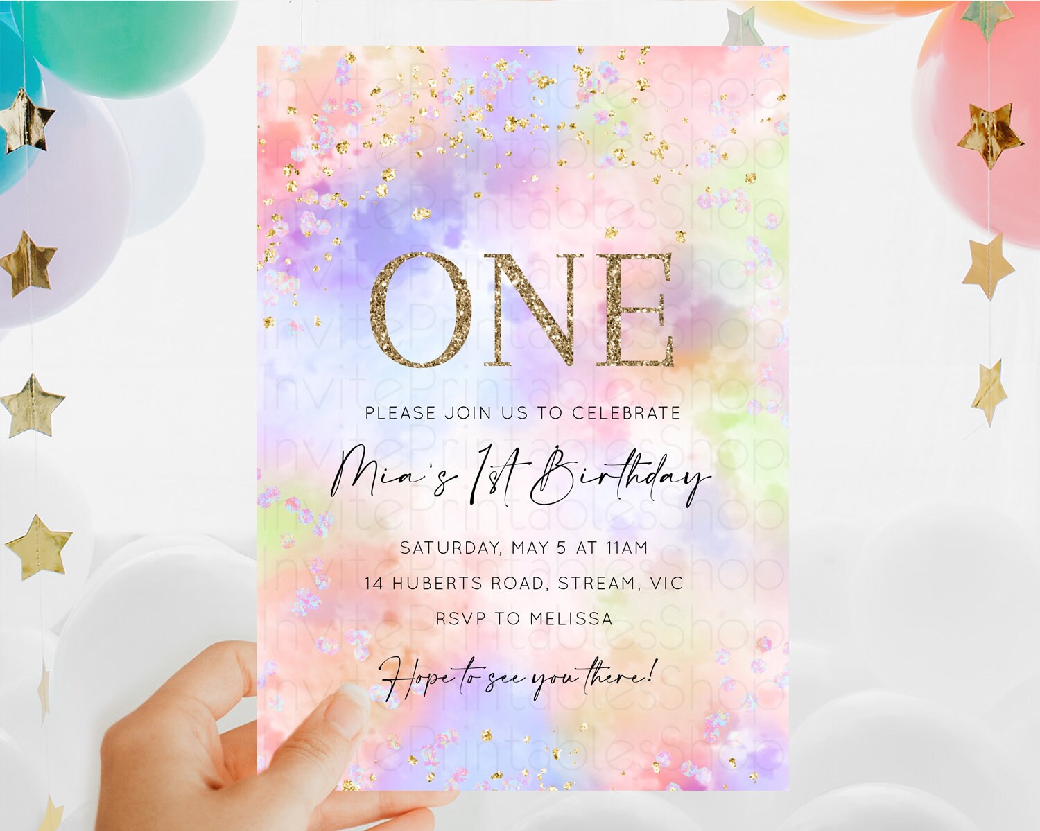 Editable Rainbow Birthday Invitation Colorful Pastel Watercolor Invitation G